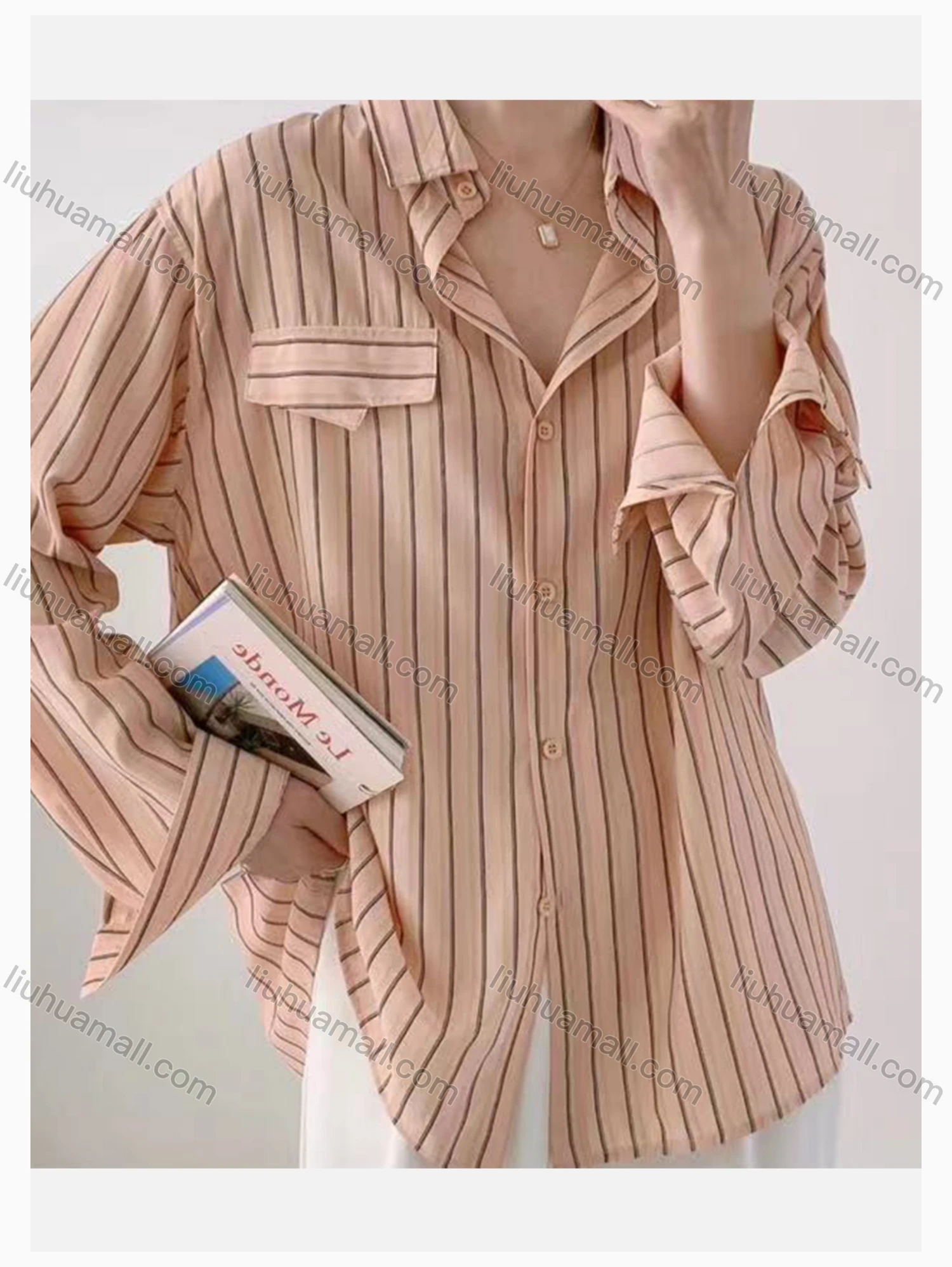 Wholesale Women's Collared Loose Fit Striped Print Fake Pockets Long Sleeve Shirt 1568# - Liuhuamall
