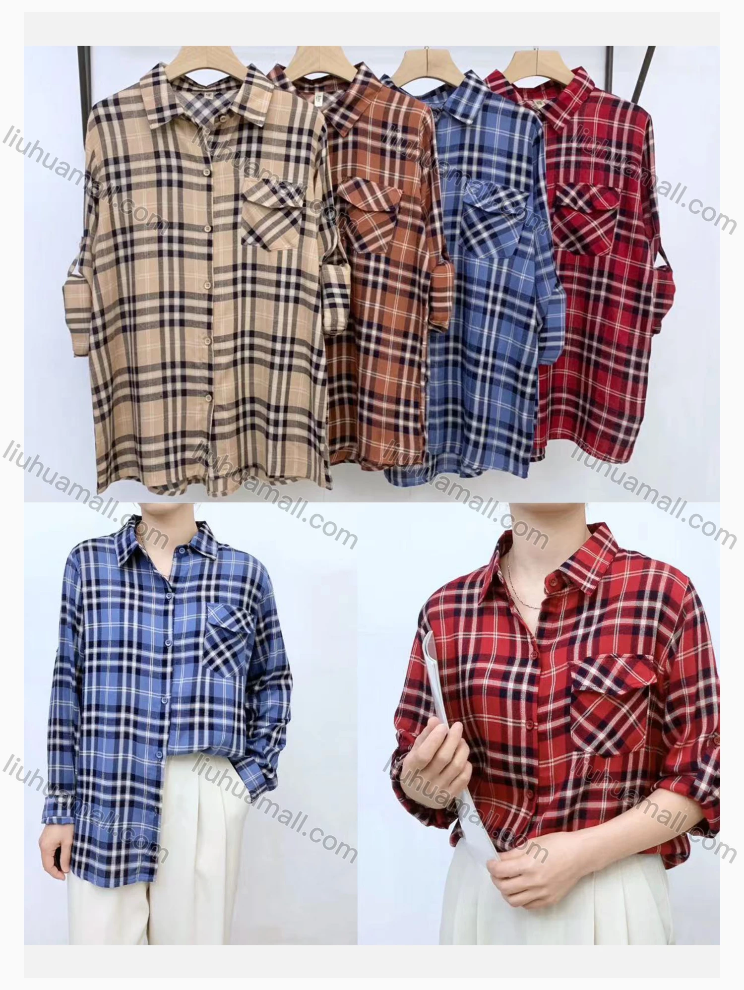 Wholesale Women's Collared Loose Fit Plaid Print Flap Pockets Long Sleeve Shirt 2033# - Liuhuamall