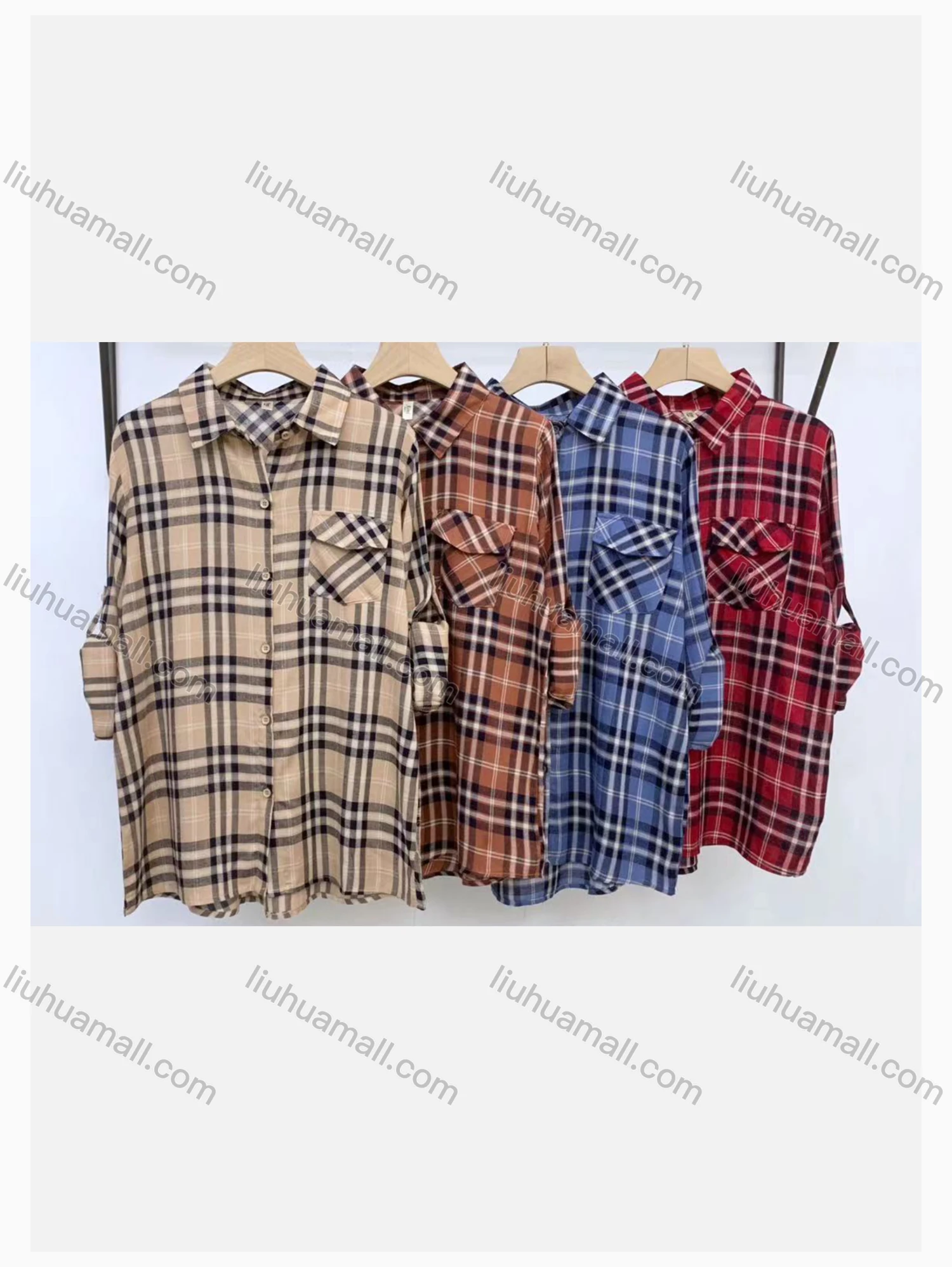 Wholesale Women's Collared Loose Fit Plaid Print Flap Pockets Long Sleeve Shirt 2033# - Liuhuamall