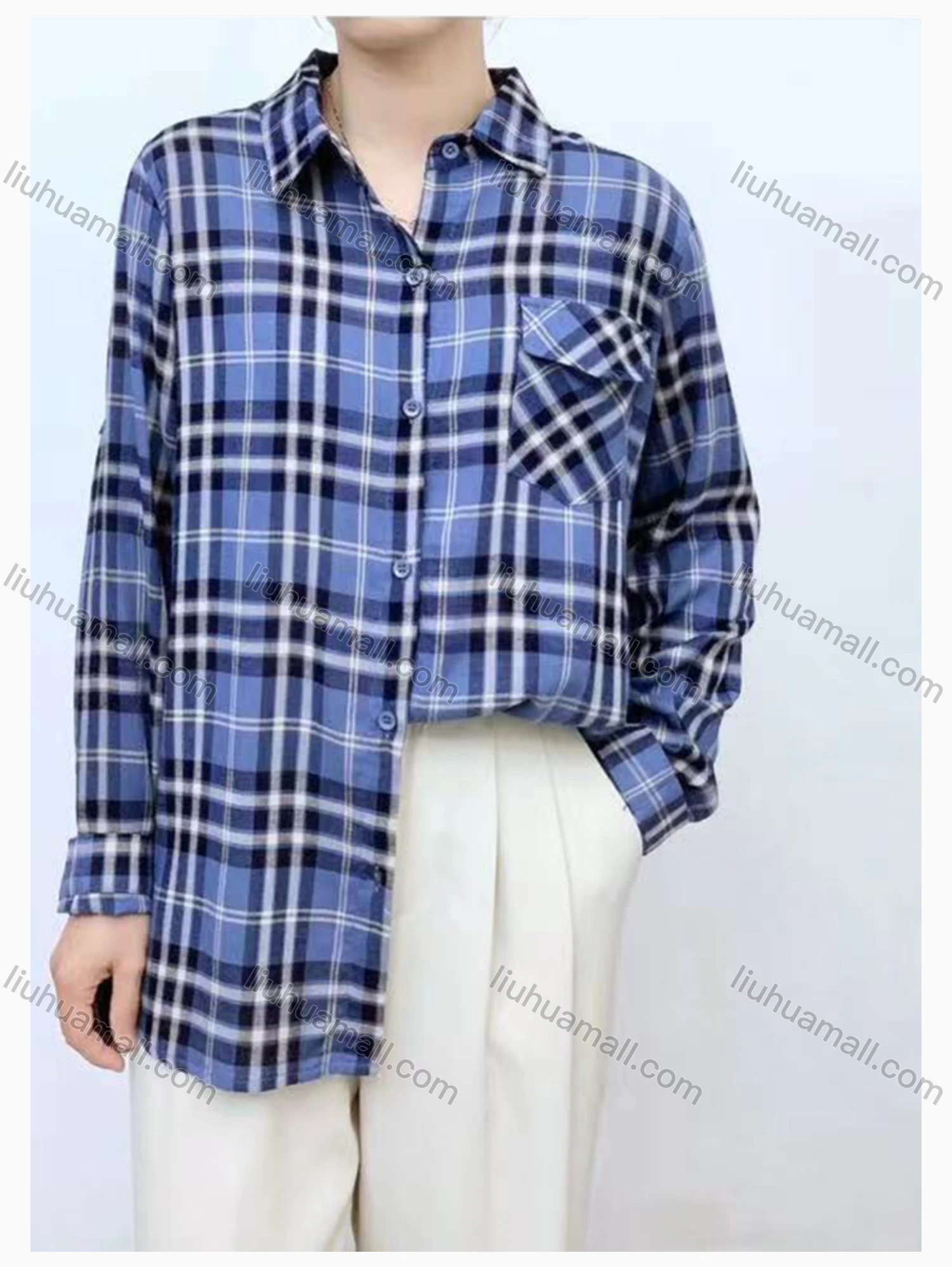 Wholesale Women's Collared Loose Fit Plaid Print Flap Pockets Long Sleeve Shirt 2033# - Liuhuamall