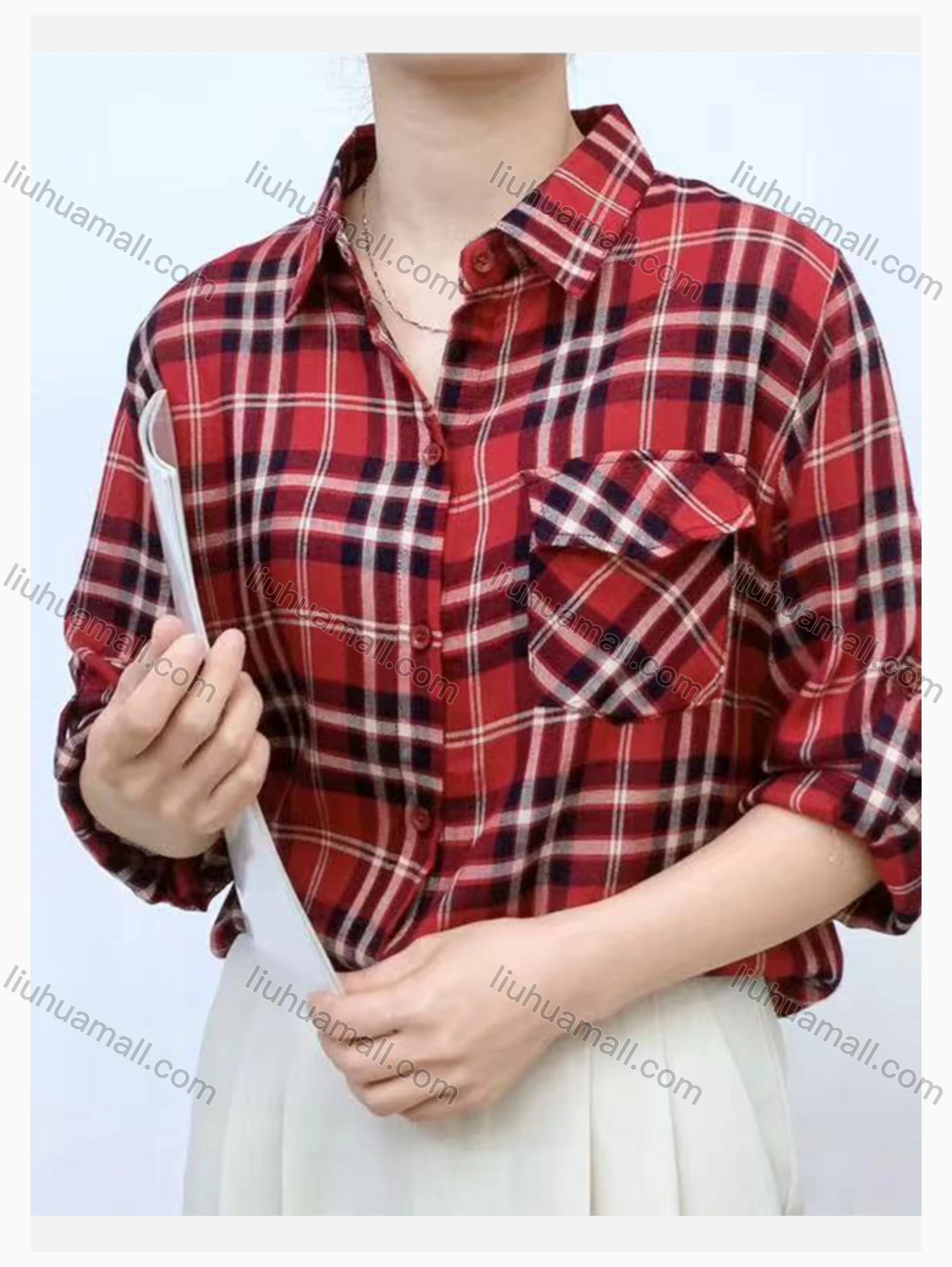 Wholesale Women's Collared Loose Fit Plaid Print Flap Pockets Long Sleeve Shirt 2033# - Liuhuamall