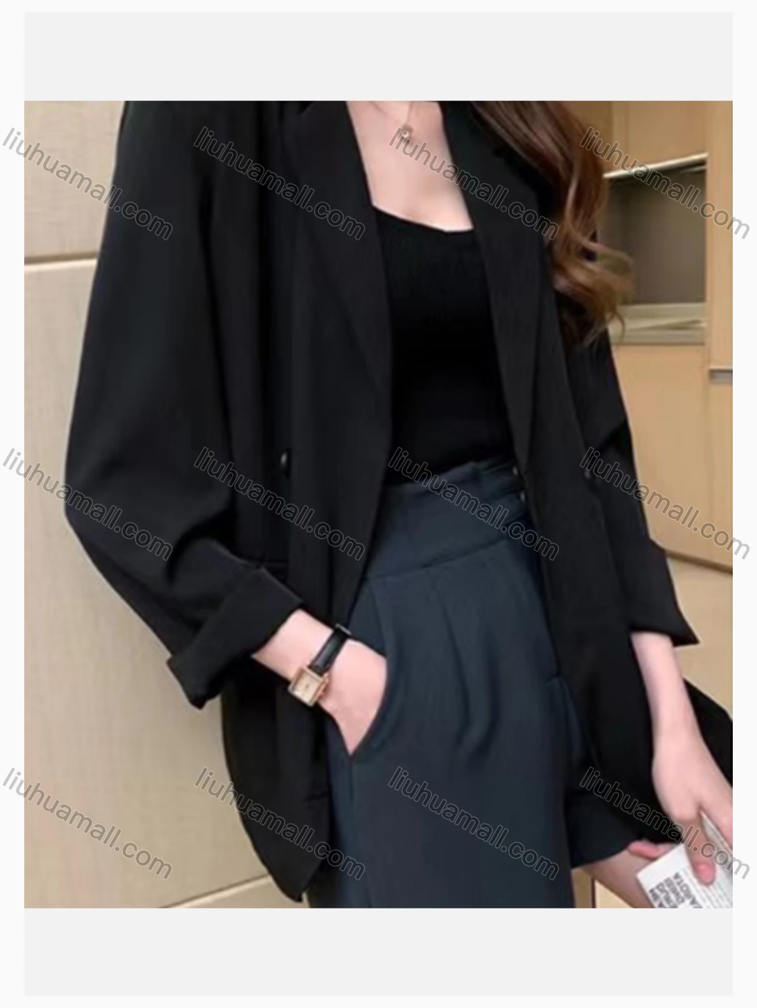 Wholesale Women's Casual Business Double Breasted Plain Loose Fit Mid Length Blazer 2053# - Liuhuamall