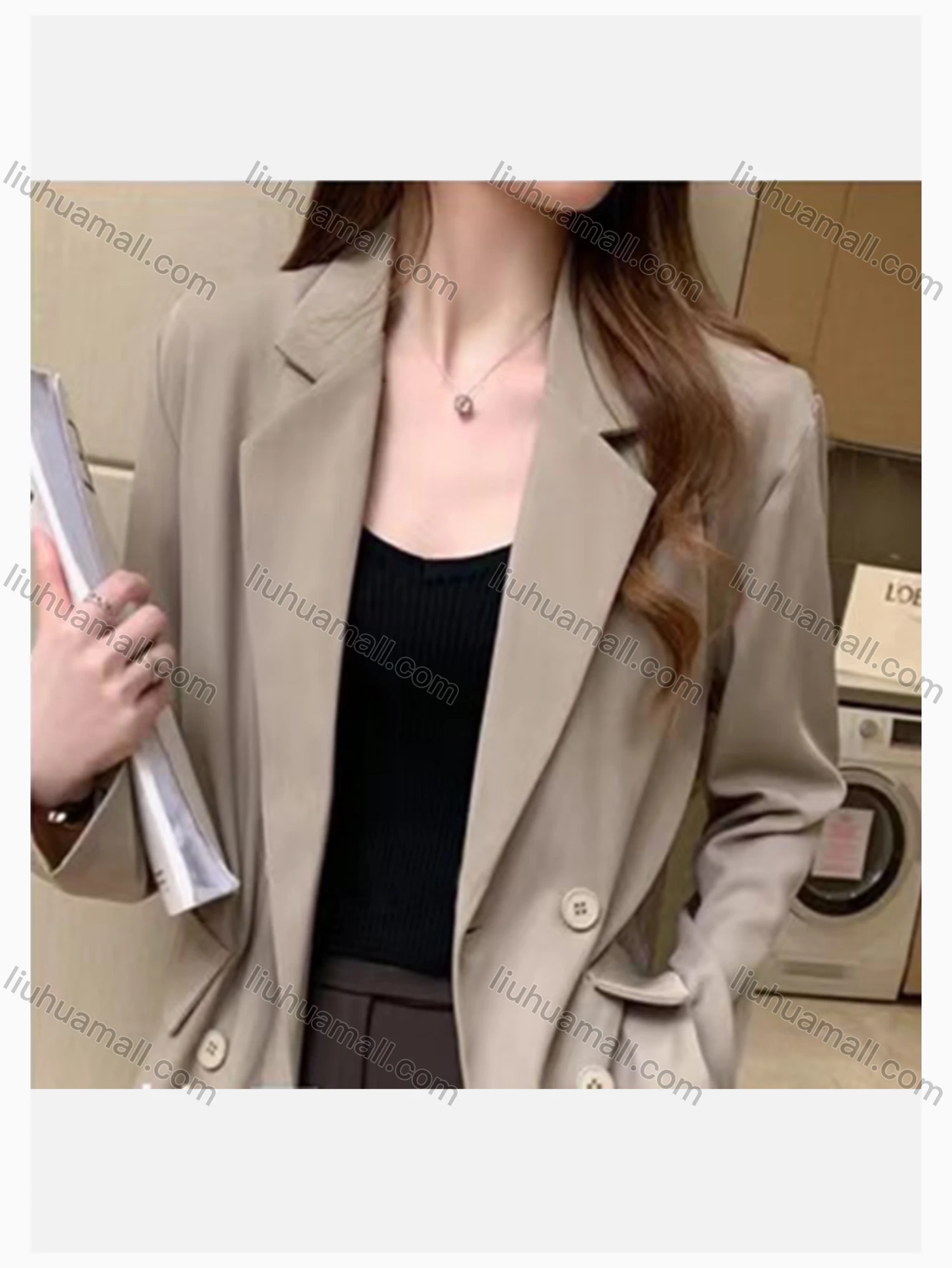 Wholesale Women's Casual Business Double Breasted Plain Loose Fit Mid Length Blazer 2053# - Liuhuamall