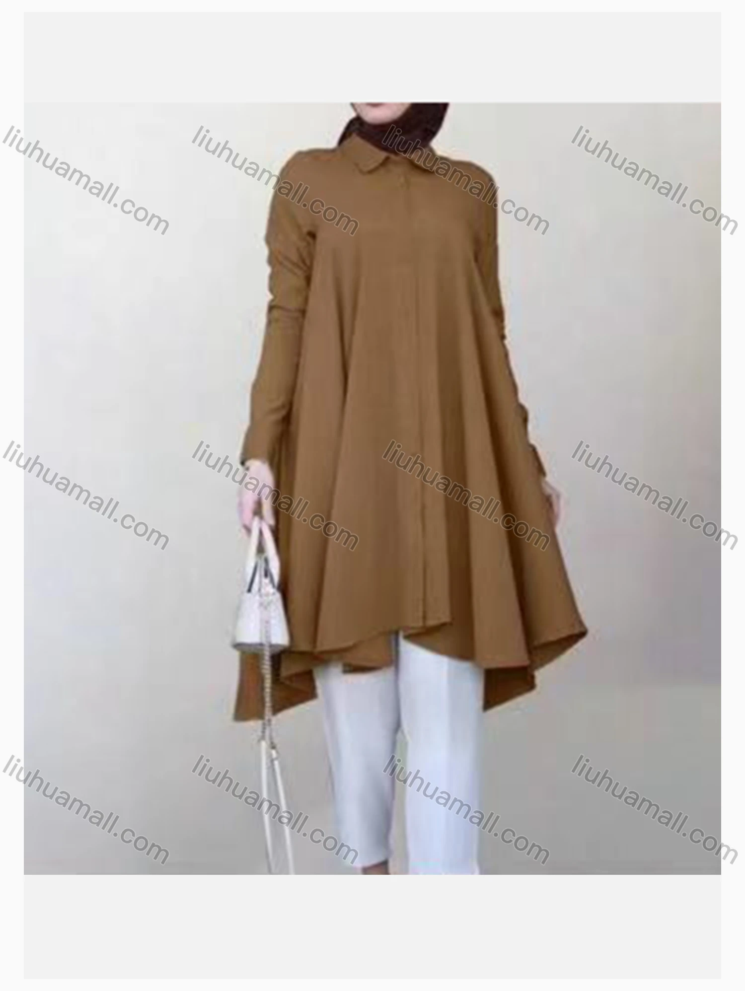 Wholesale Women's Fashion Collared Long Sleeve Loose Fit High Low Hem Plain Tunic Shirt 2468# - Liuhuamall