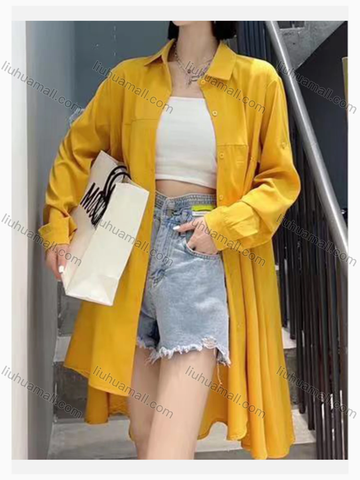 Wholesale Women's Fashion Collared Long Sleeve Loose Fit High Low Hem Plain Tunic Shirt 2468# - Liuhuamall