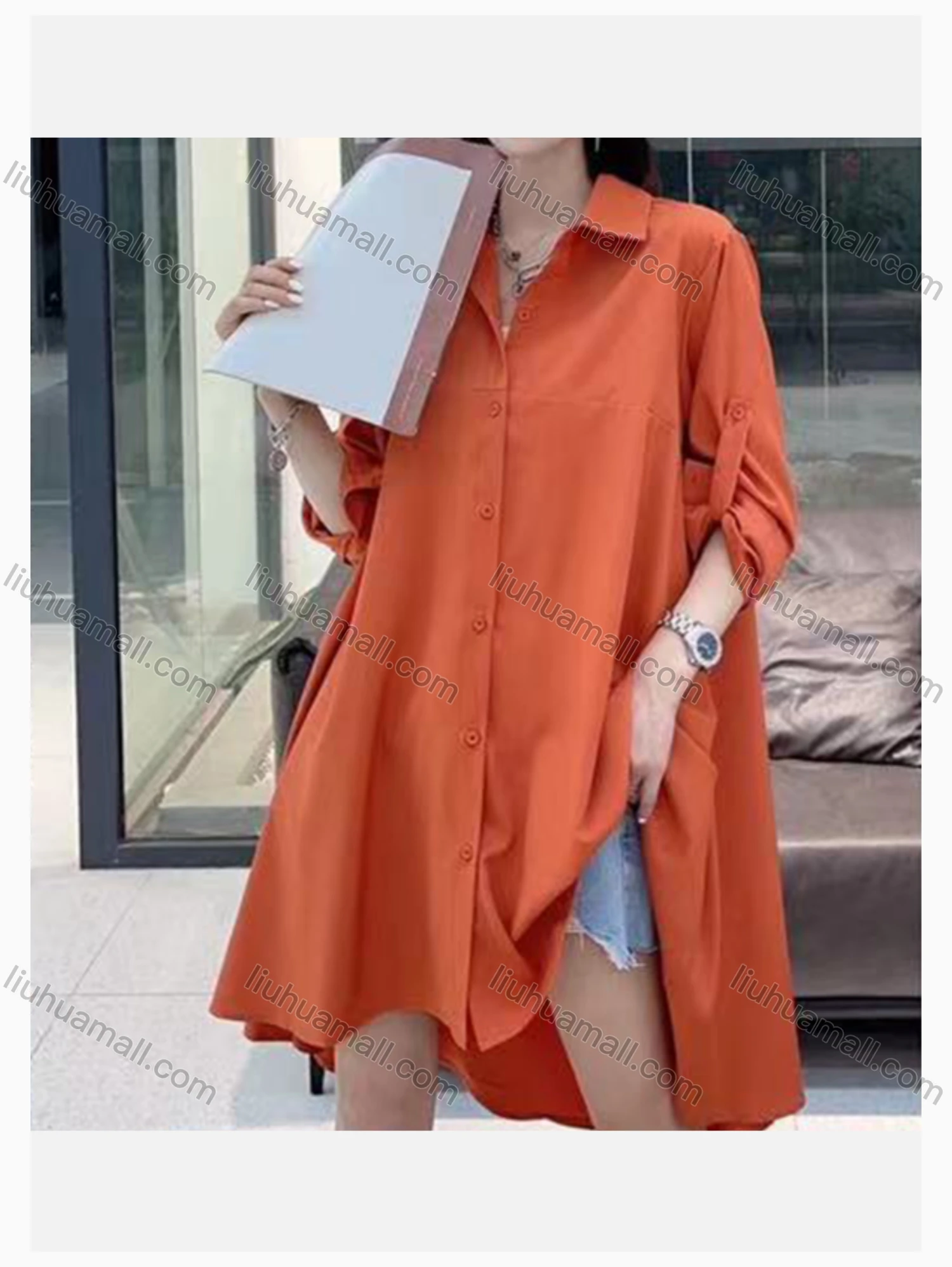 Wholesale Women's Fashion Collared Long Sleeve Loose Fit High Low Hem Plain Tunic Shirt 2468# - Liuhuamall