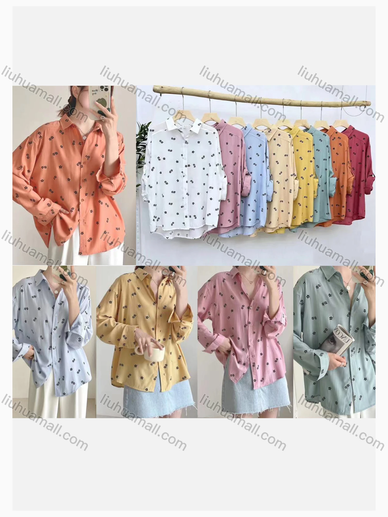 Wholesale Women's Collared Loose Fit Floral Print Butto Down Long Sleeve Shirt 2531# - Liuhuamall