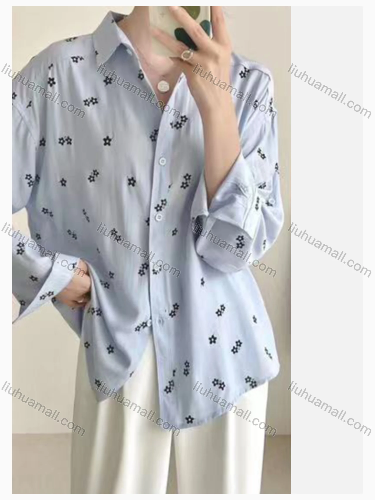 Wholesale Women's Collared Loose Fit Floral Print Butto Down Long Sleeve Shirt 2531# - Liuhuamall