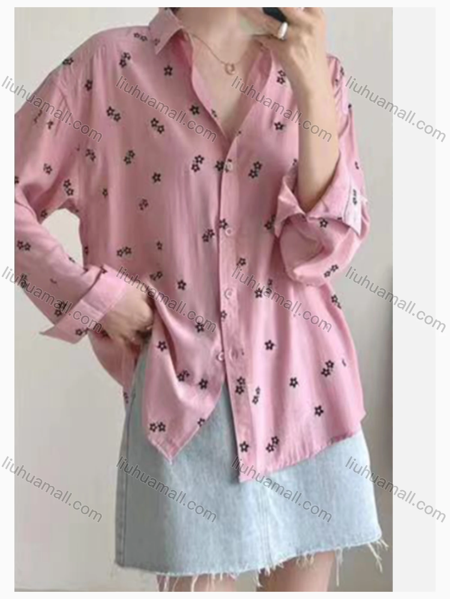 Wholesale Women's Collared Loose Fit Floral Print Butto Down Long Sleeve Shirt 2531# - Liuhuamall