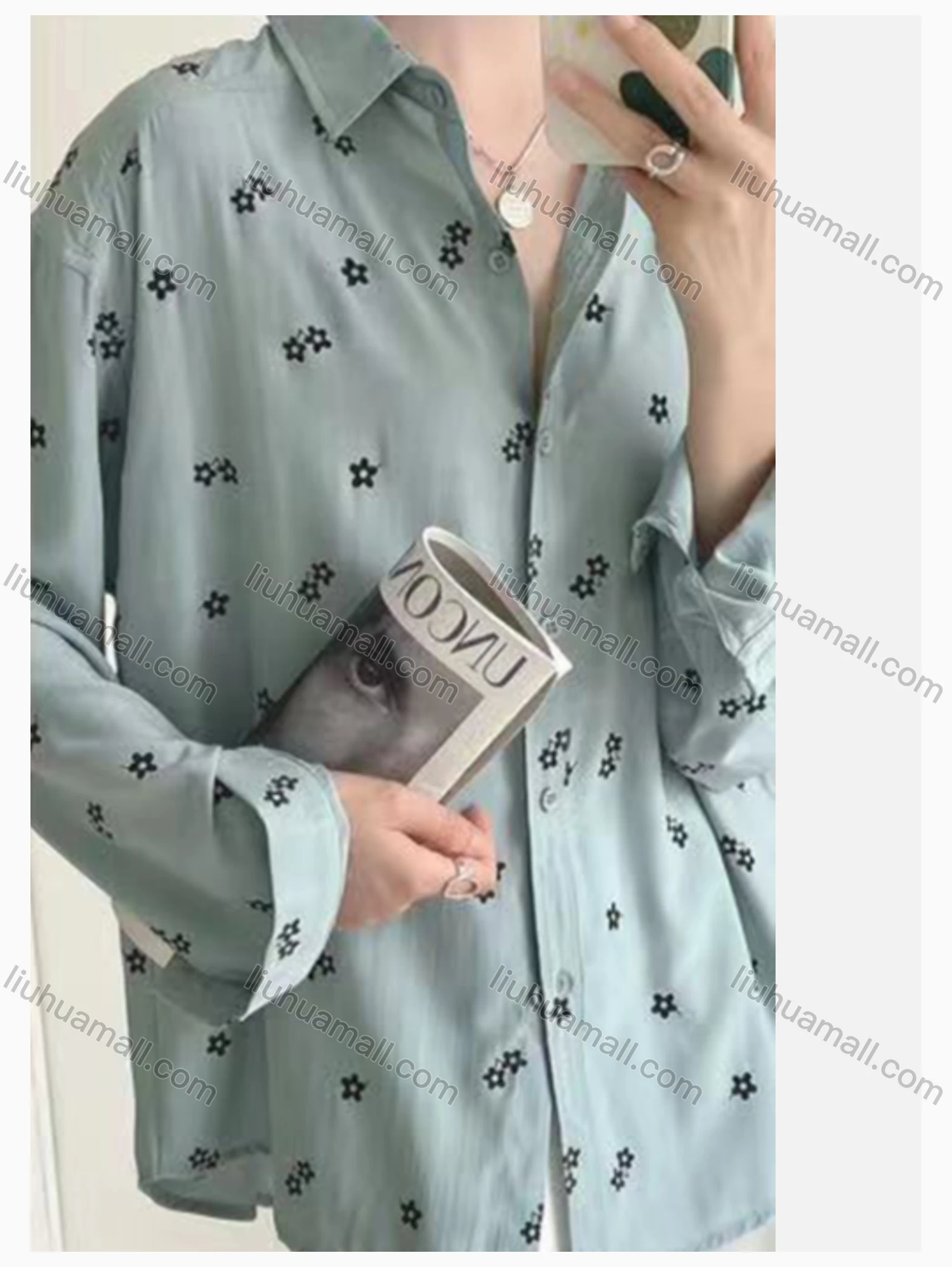 Wholesale Women's Collared Loose Fit Floral Print Butto Down Long Sleeve Shirt 2531# - Liuhuamall