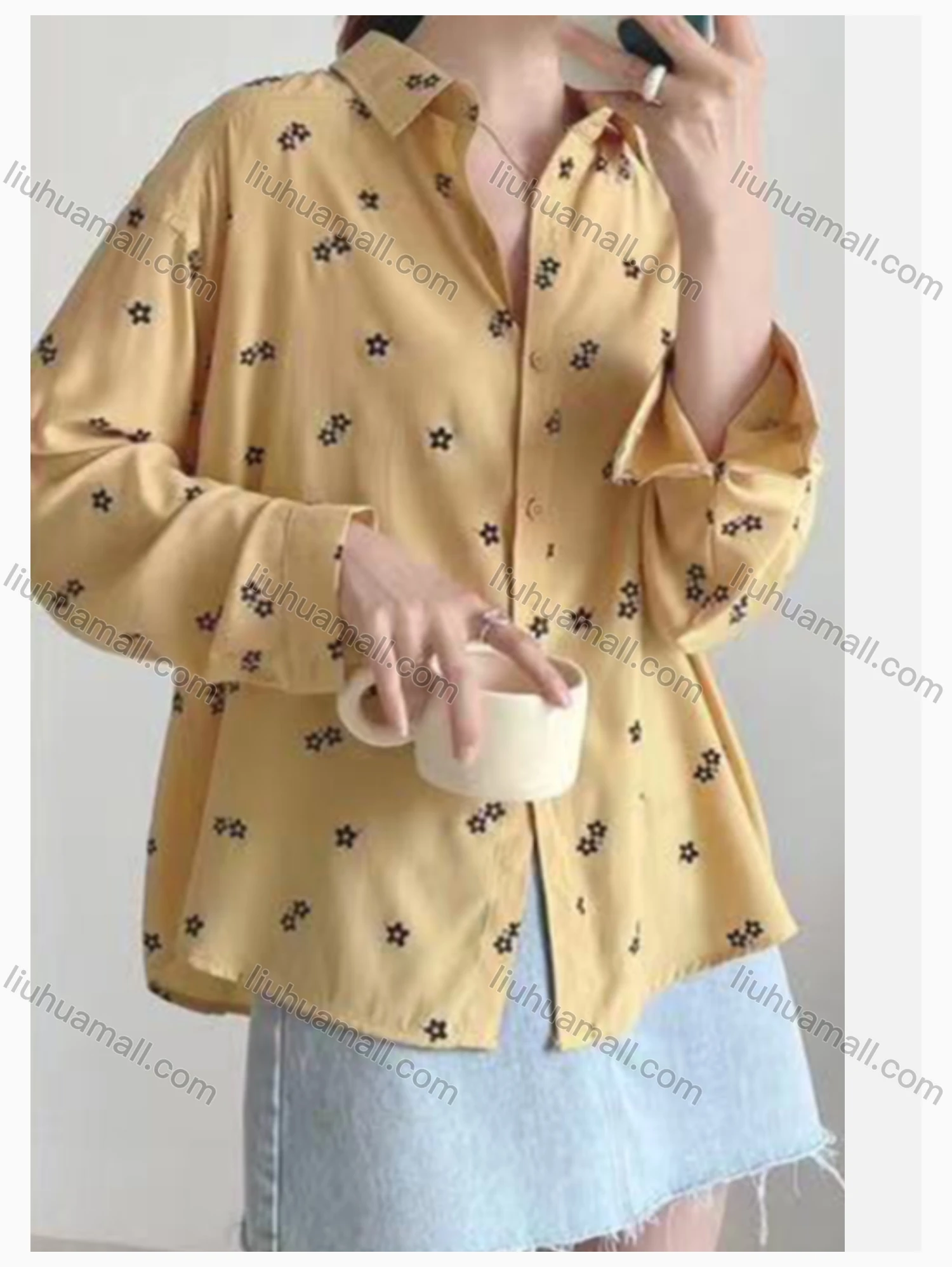 Wholesale Women's Collared Loose Fit Floral Print Butto Down Long Sleeve Shirt 2531# - Liuhuamall