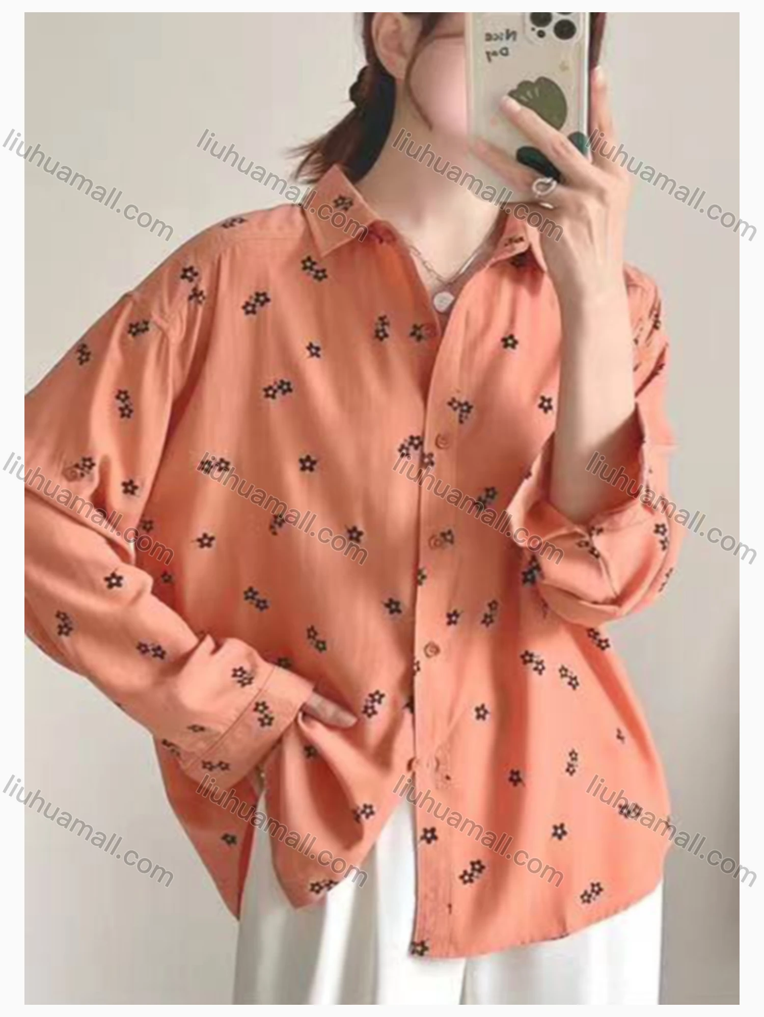 Wholesale Women's Collared Loose Fit Floral Print Butto Down Long Sleeve Shirt 2531# - Liuhuamall