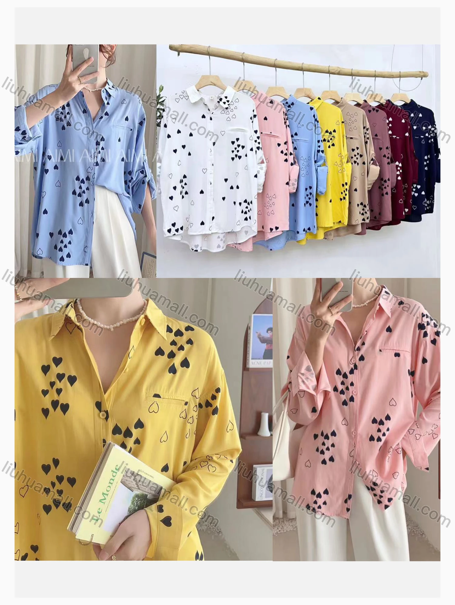 Wholesale Women's Collared Loose Fit Heart Print Fake Pocket Long Sleeve Shirt 2632# - Liuhuamall