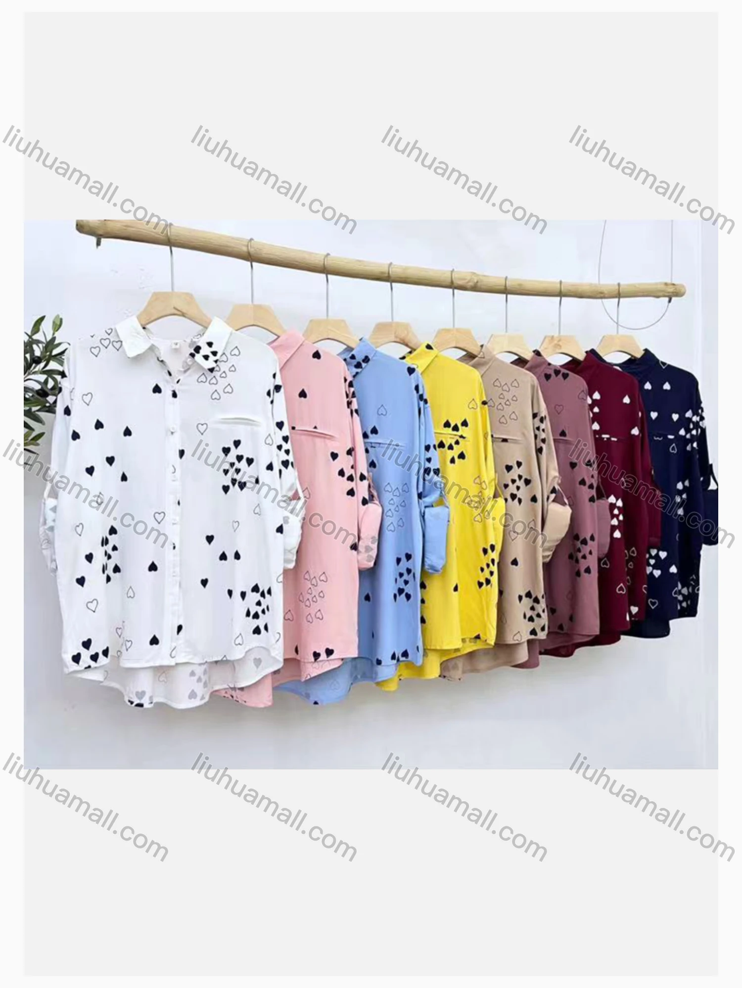 Wholesale Women's Collared Loose Fit Heart Print Fake Pocket Long Sleeve Shirt 2632# - Liuhuamall