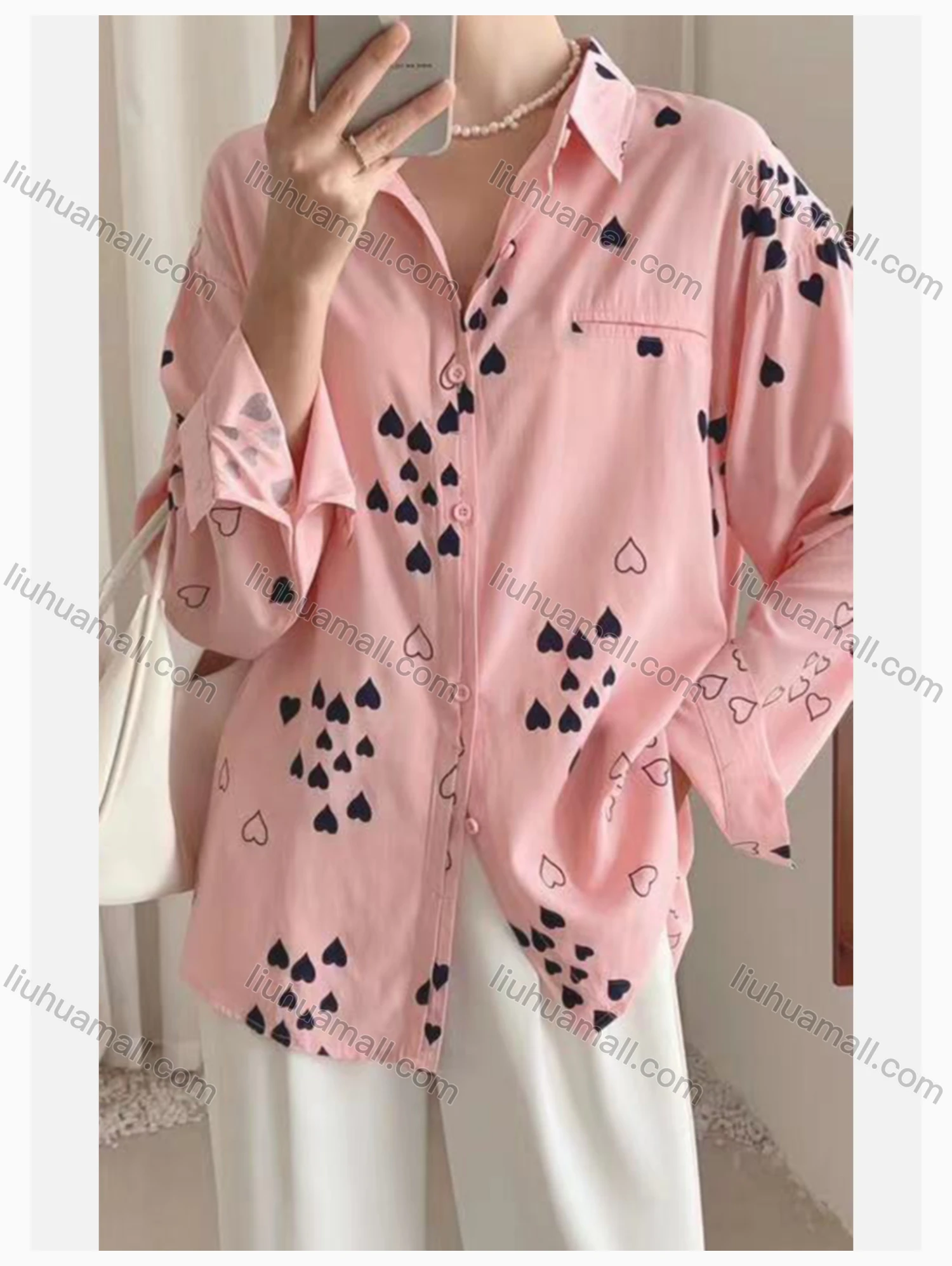 Wholesale Women's Collared Loose Fit Heart Print Fake Pocket Long Sleeve Shirt 2632# - Liuhuamall