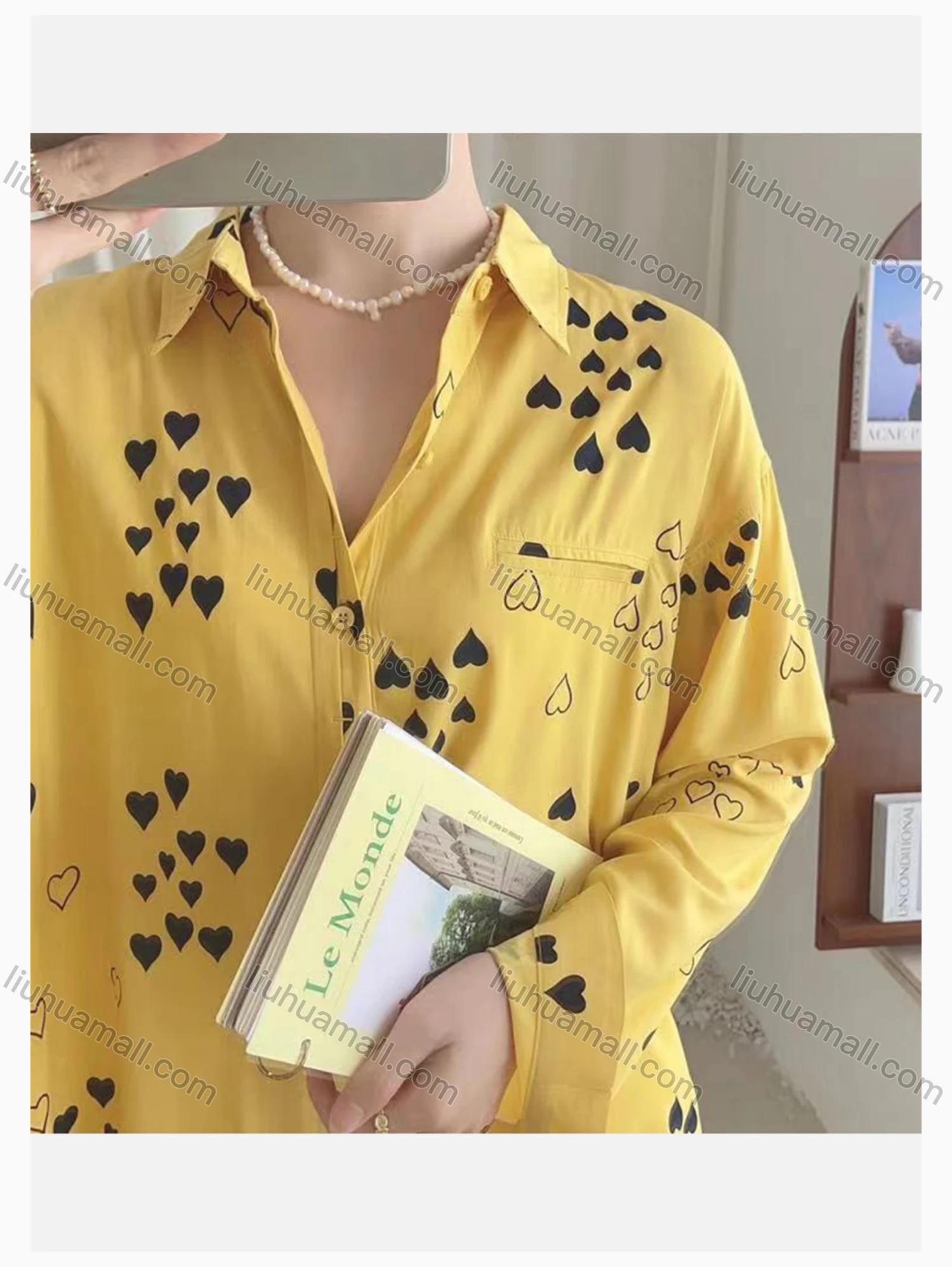 Wholesale Women's Collared Loose Fit Heart Print Fake Pocket Long Sleeve Shirt 2632# - Liuhuamall