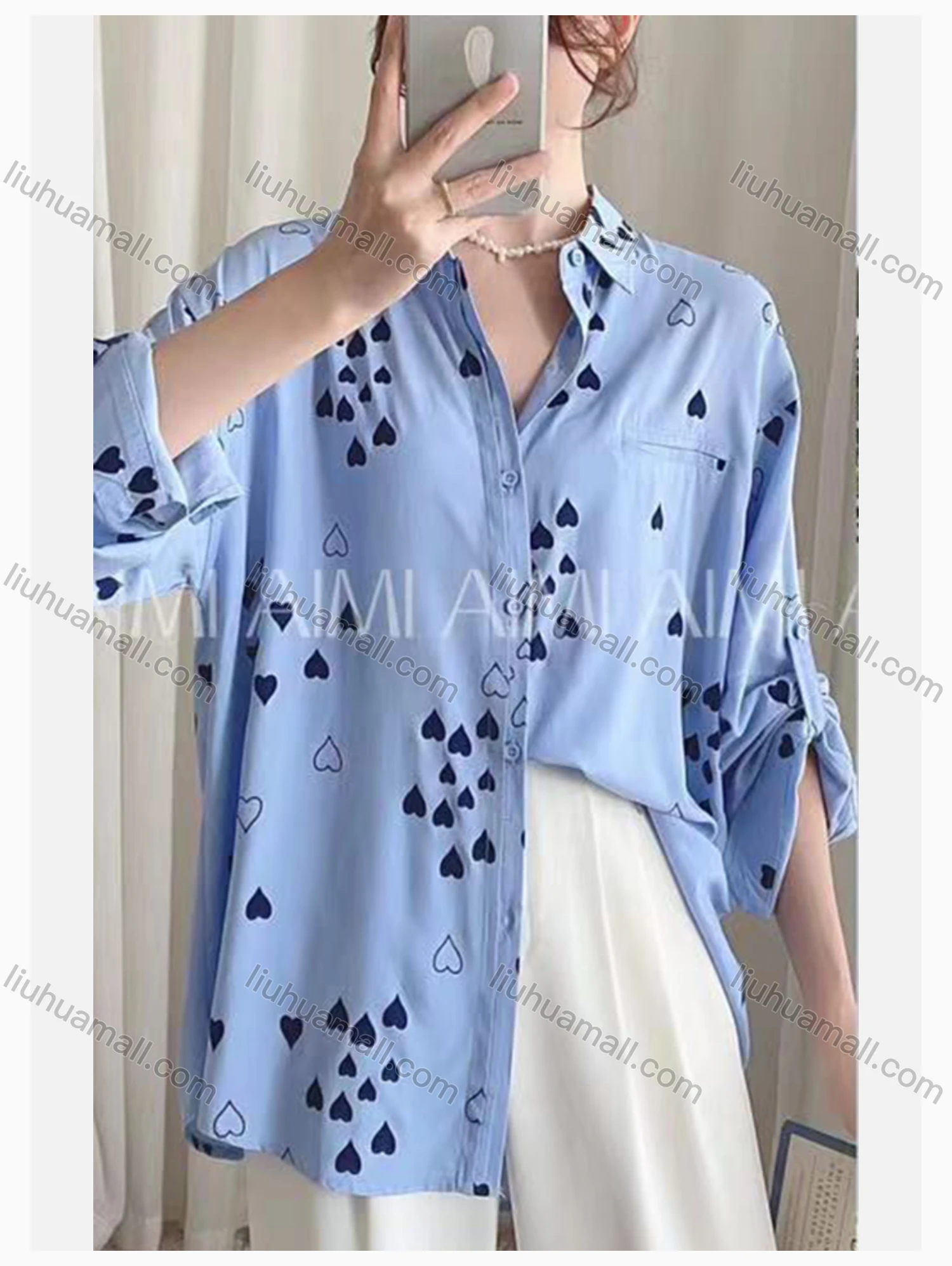 Wholesale Women's Collared Loose Fit Heart Print Fake Pocket Long Sleeve Shirt 2632# - Liuhuamall