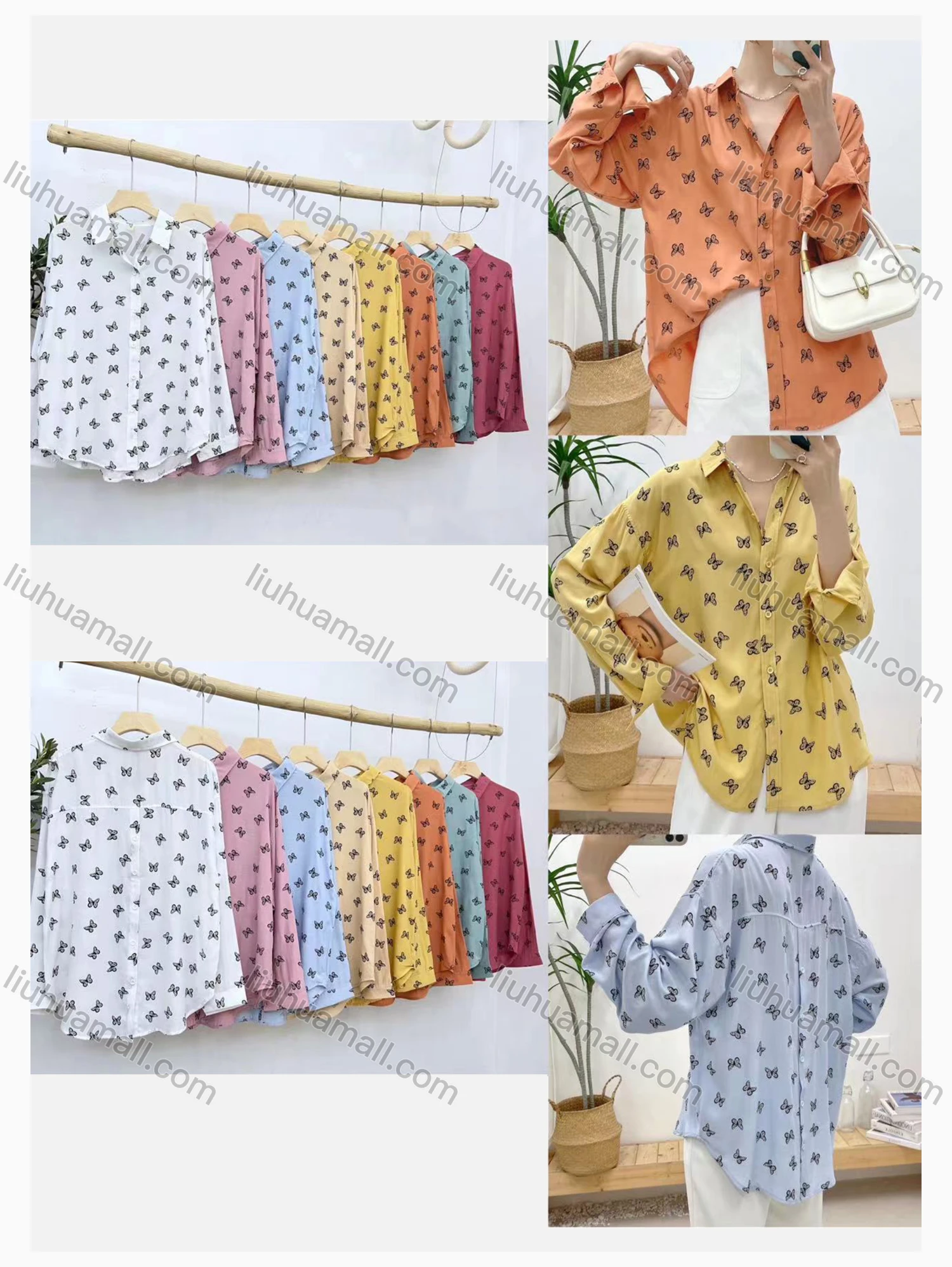 Wholesale Women's Collared Loose Fit Allover Butterfly Print Patch Pocket Long Sleeve Shirt 5390# - Liuhuamall