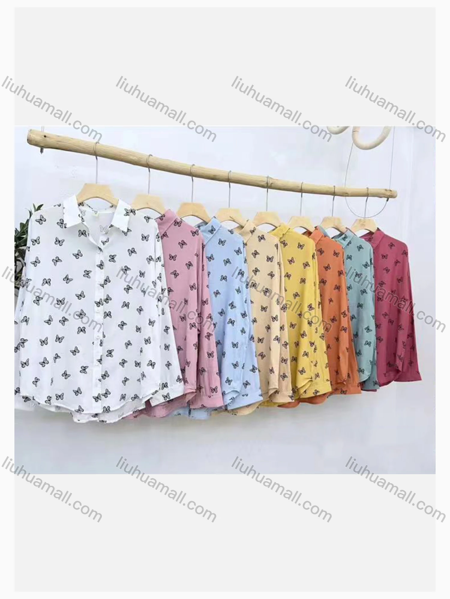 Wholesale Women's Collared Loose Fit Allover Butterfly Print Patch Pocket Long Sleeve Shirt 5390# - Liuhuamall