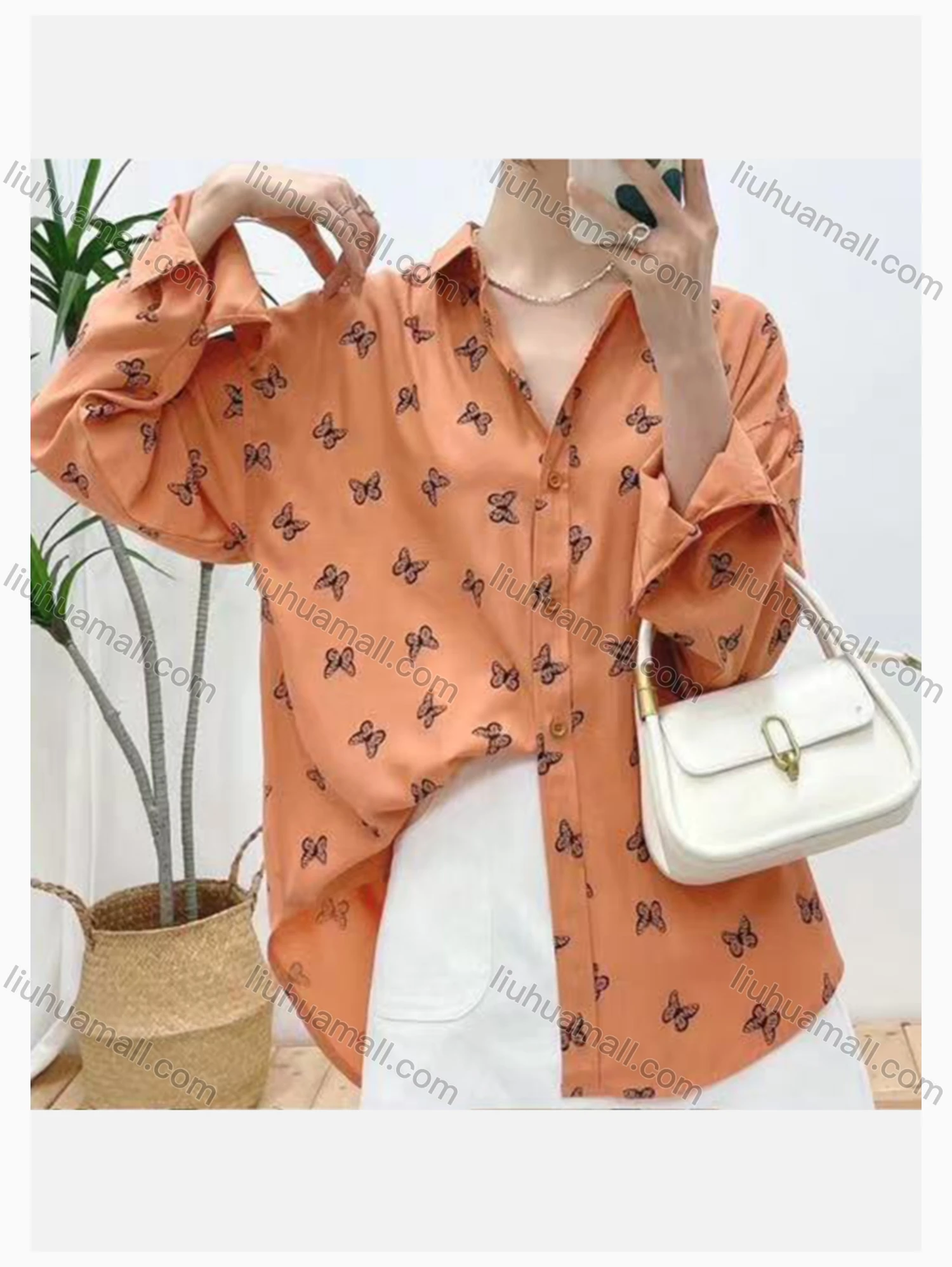 Wholesale Women's Collared Loose Fit Allover Butterfly Print Patch Pocket Long Sleeve Shirt 5390# - Liuhuamall