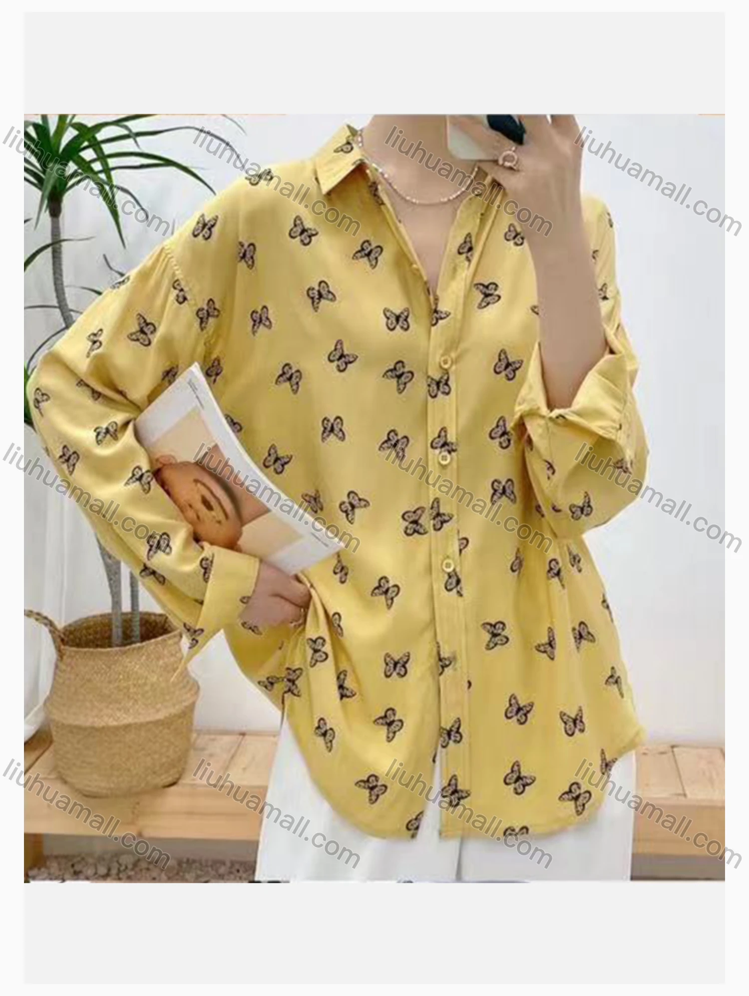 Wholesale Women's Collared Loose Fit Allover Butterfly Print Patch Pocket Long Sleeve Shirt 5390# - Liuhuamall