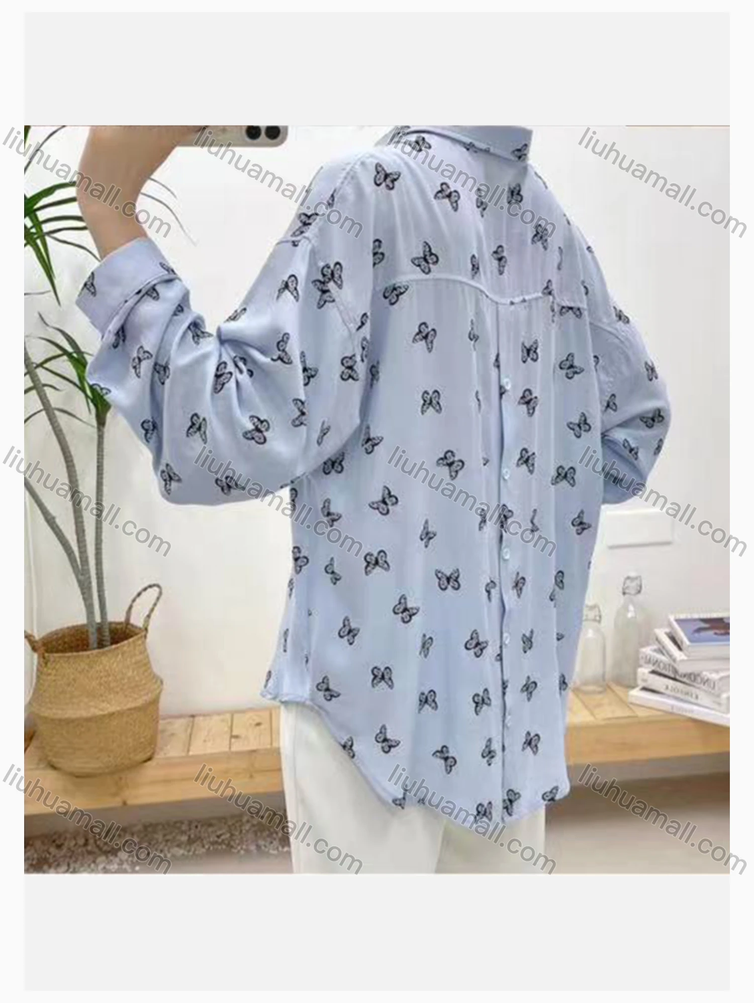 Wholesale Women's Collared Loose Fit Allover Butterfly Print Patch Pocket Long Sleeve Shirt 5390# - Liuhuamall