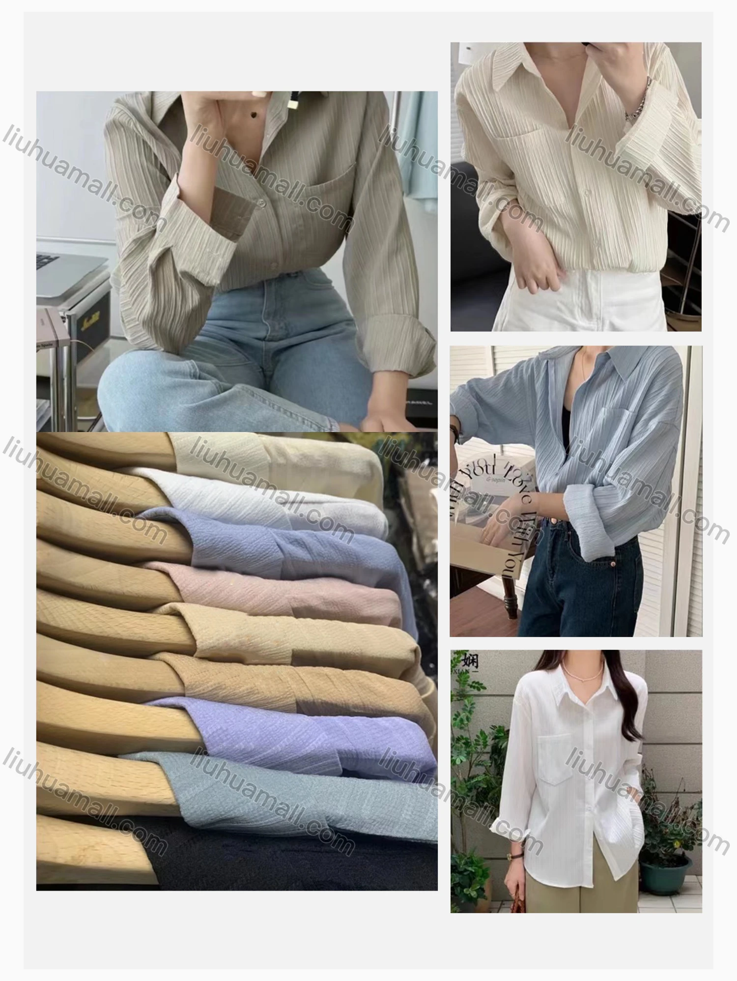 Wholesale Women's Collared Loose Fit Shirred Patch Pocket Plain Long Sleeve Shirt 6020# - Liuhuamall