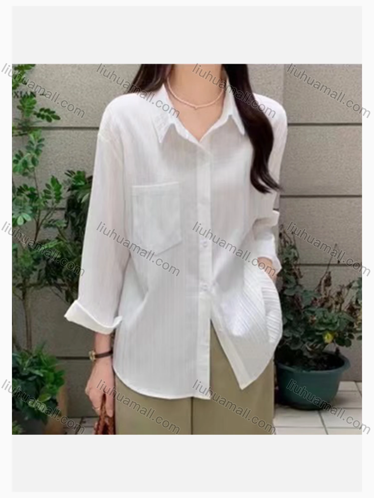 Wholesale Women's Collared Loose Fit Shirred Patch Pocket Plain Long Sleeve Shirt 6020# - Liuhuamall