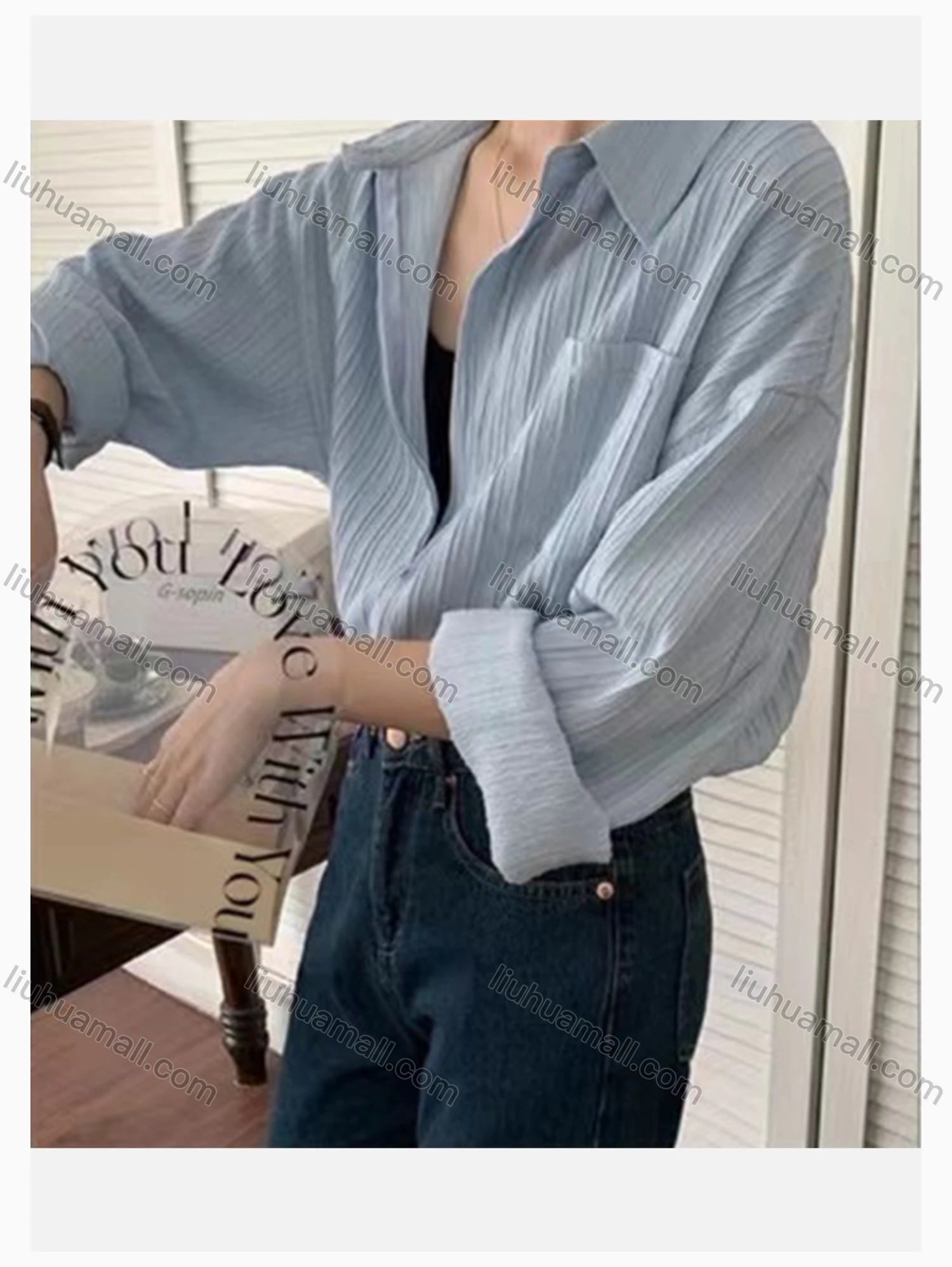 Wholesale Women's Collared Loose Fit Shirred Patch Pocket Plain Long Sleeve Shirt 6020# - Liuhuamall