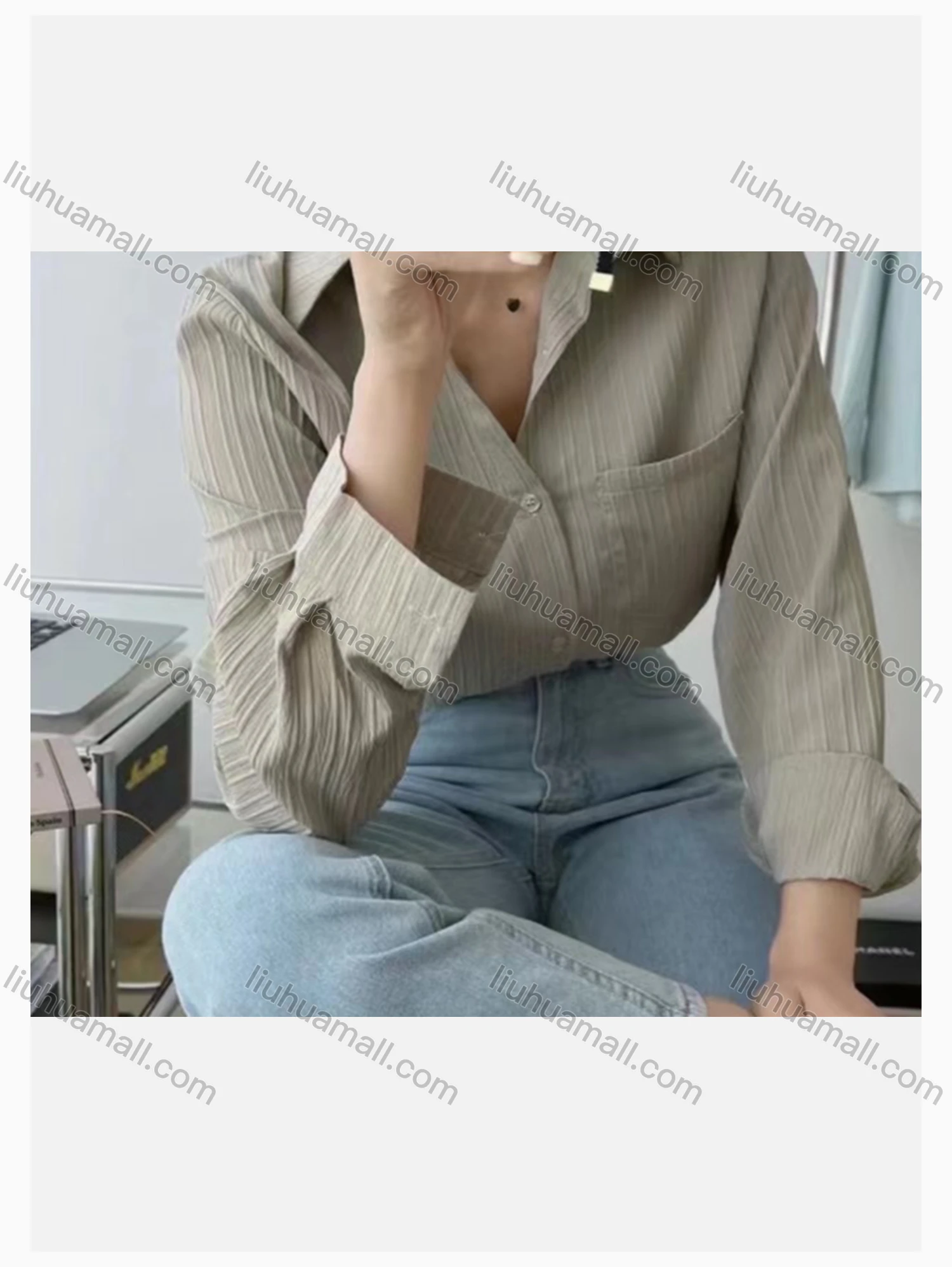 Wholesale Women's Collared Loose Fit Shirred Patch Pocket Plain Long Sleeve Shirt 6020# - Liuhuamall
