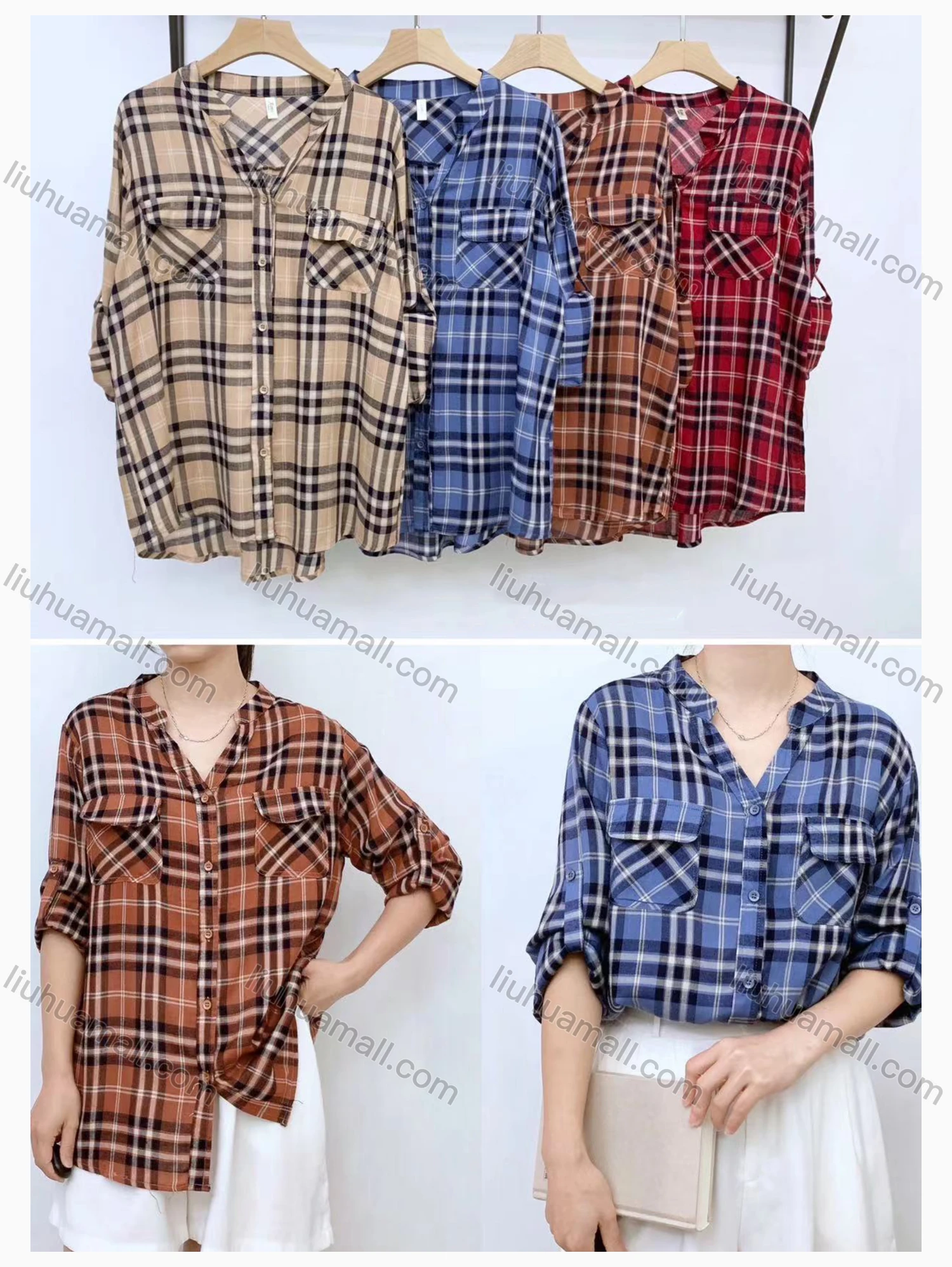 Wholesale Women's Collared Loose Fit Plaid Print Flap Pockets Long Sleeve Shirt 11936# - Liuhuamall