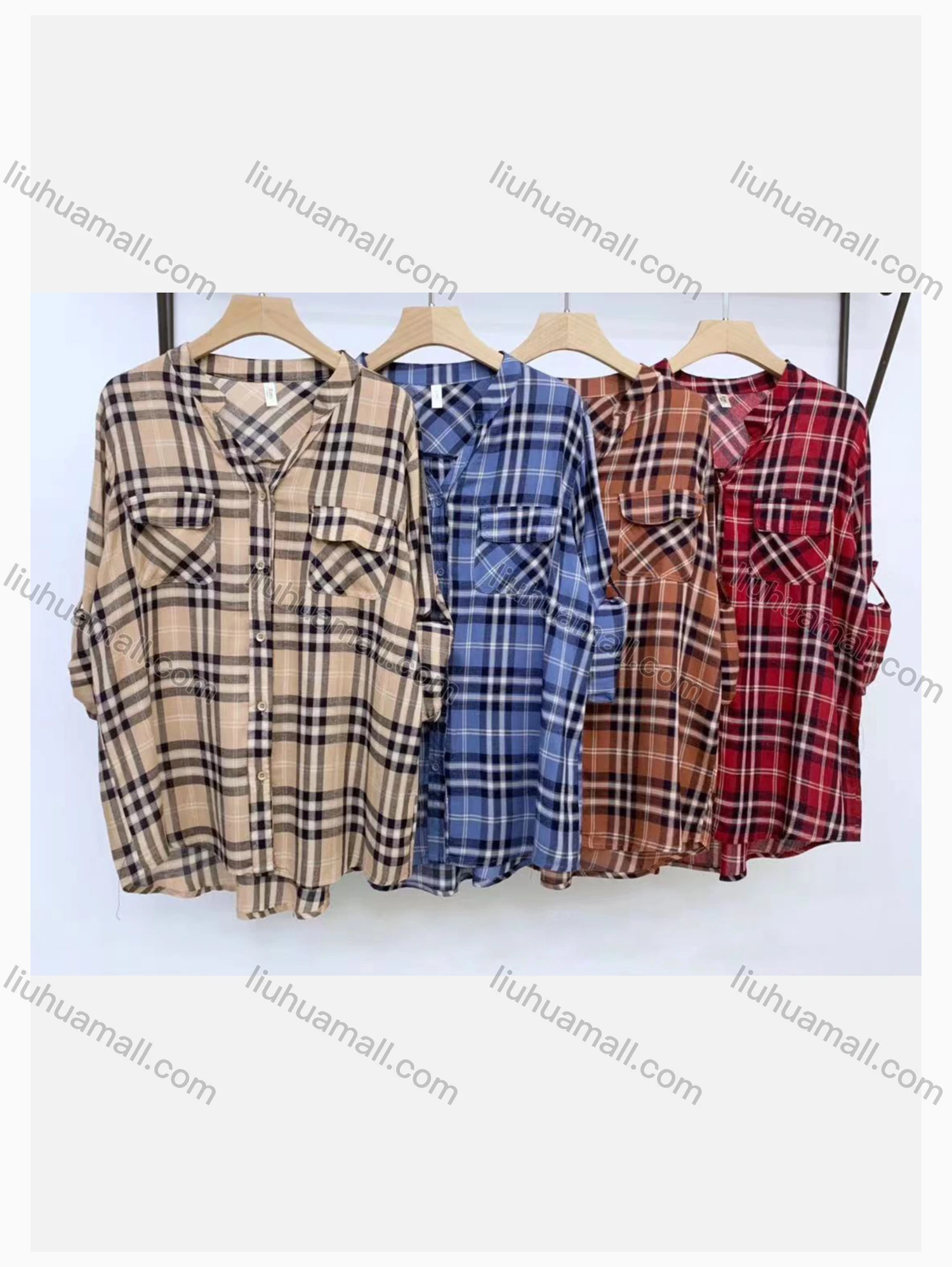 Wholesale Women's Collared Loose Fit Plaid Print Flap Pockets Long Sleeve Shirt 11936# - Liuhuamall