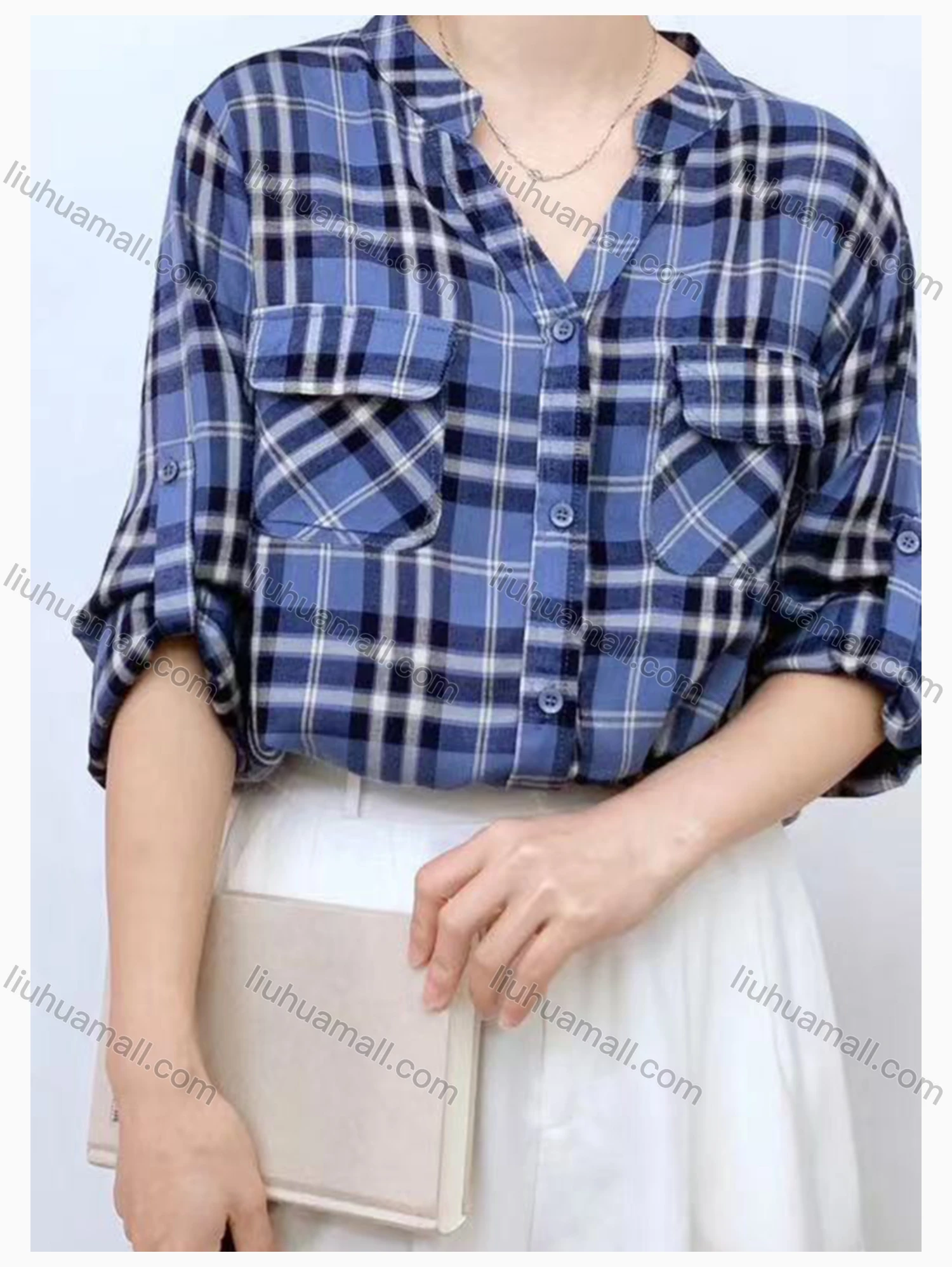Wholesale Women's Collared Loose Fit Plaid Print Flap Pockets Long Sleeve Shirt 11936# - Liuhuamall