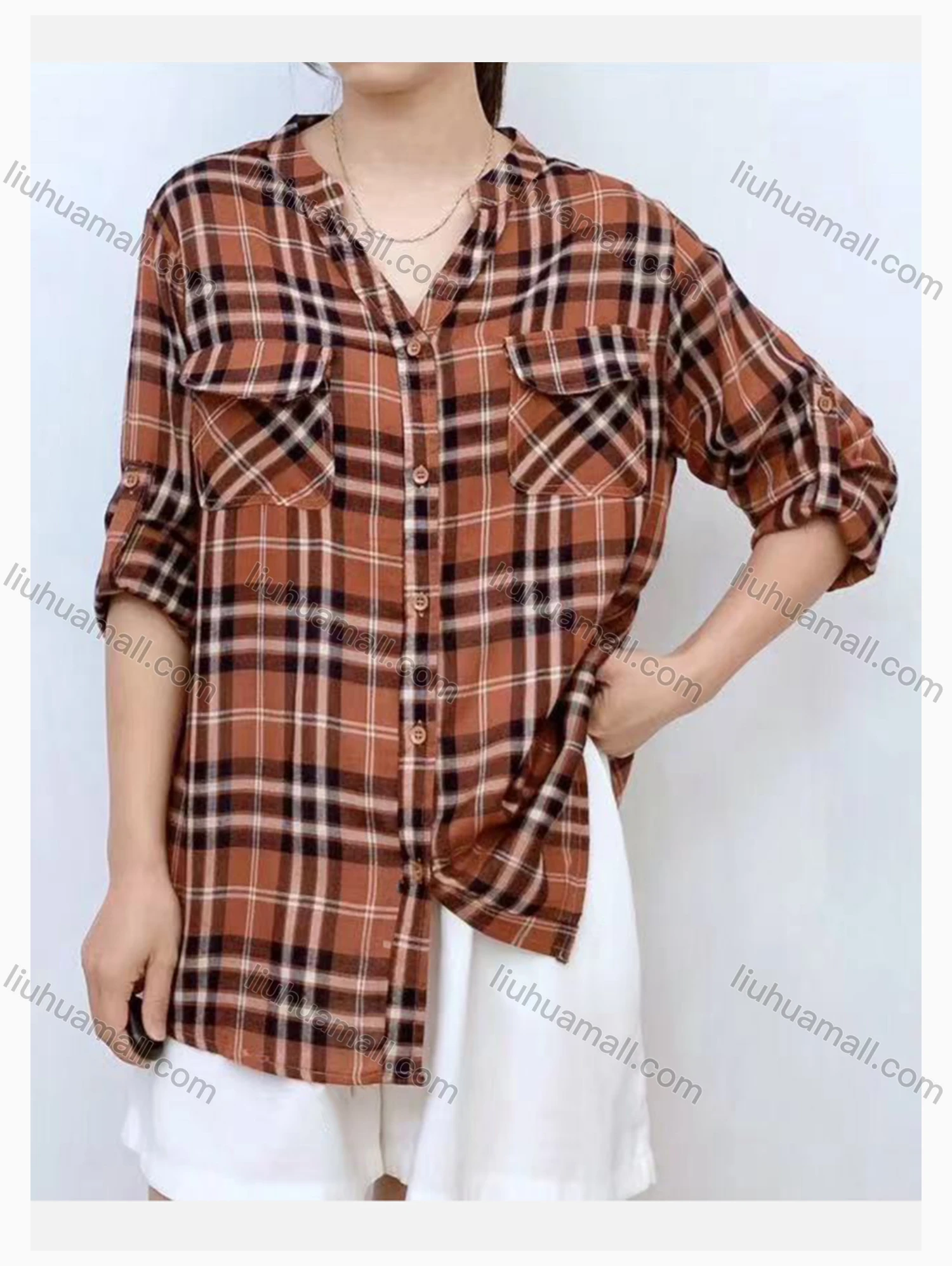 Wholesale Women's Collared Loose Fit Plaid Print Flap Pockets Long Sleeve Shirt 11936# - Liuhuamall