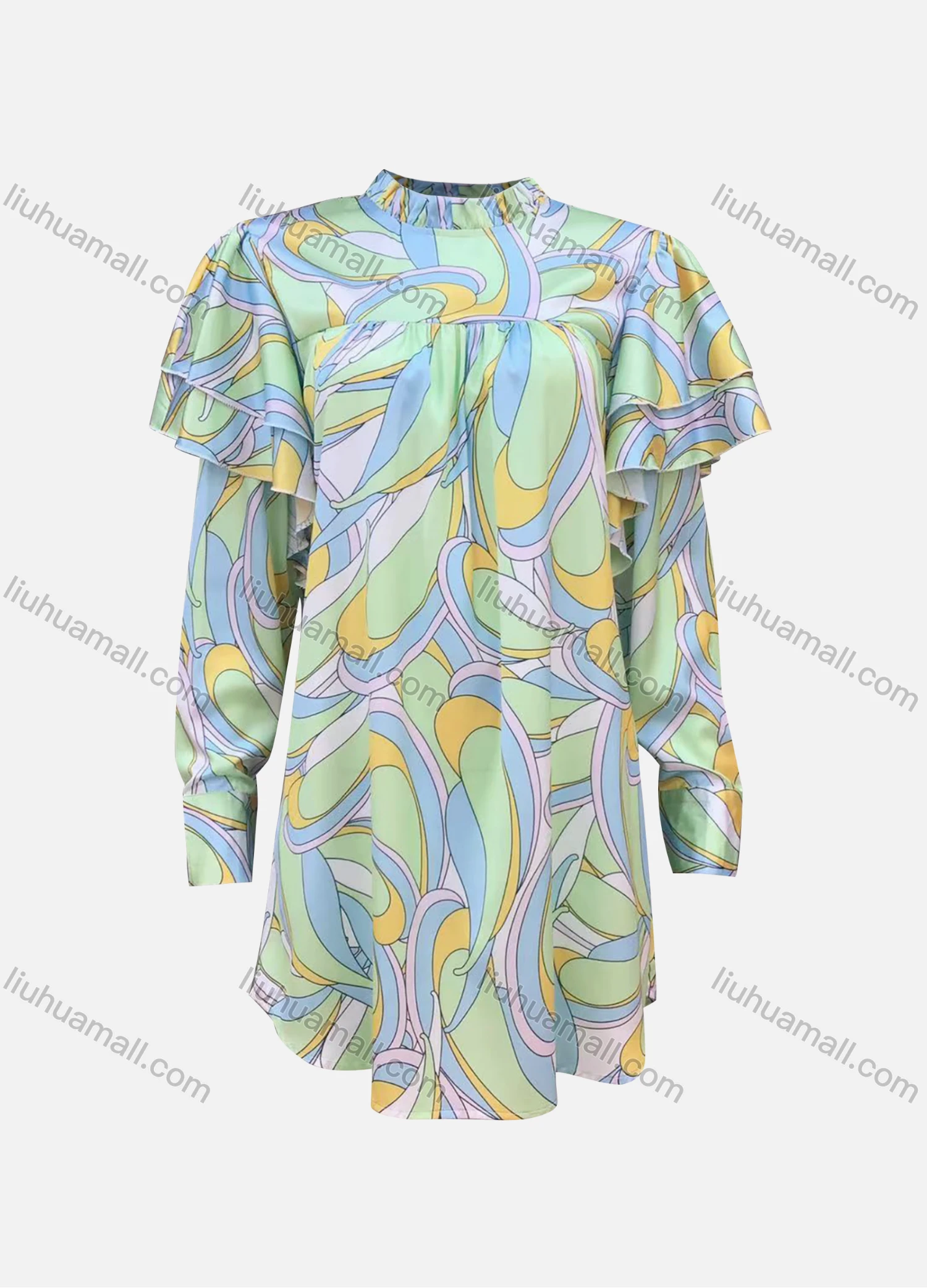 Wholesale Women's Casual Allover Print Ruffle Trim Mock Neck Long Sleeve Ruffle Hem Blouse - Liuhuamall
