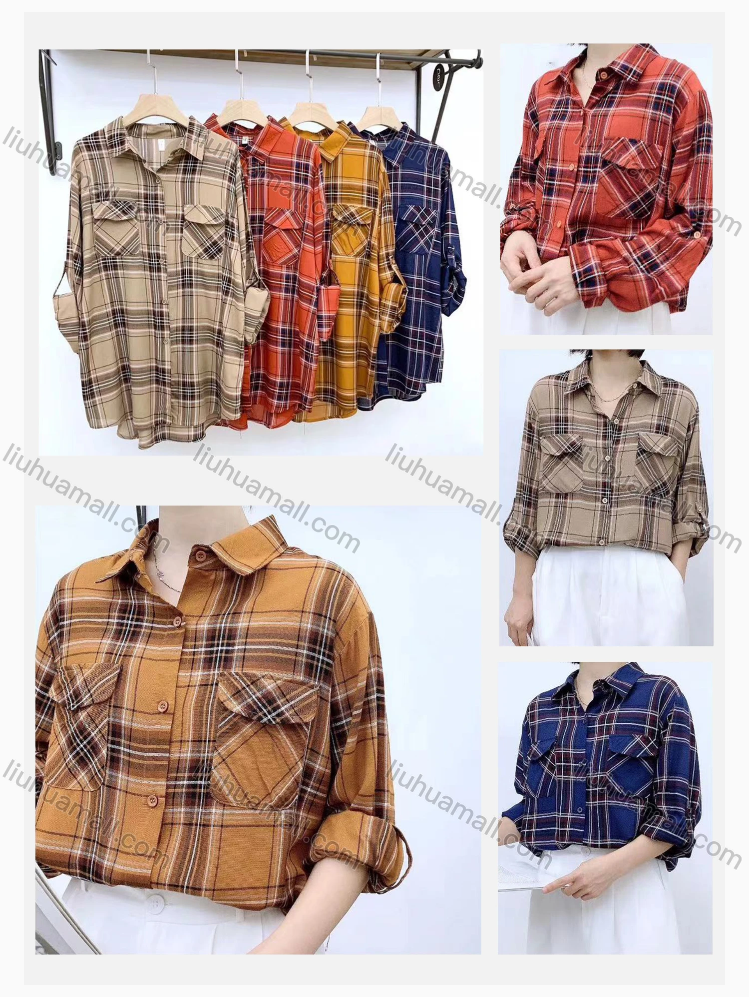 Wholesale Women's Collared Loose Fit Plaid Print Flap Pockets Long Sleeve Shirt 20121# - Liuhuamall