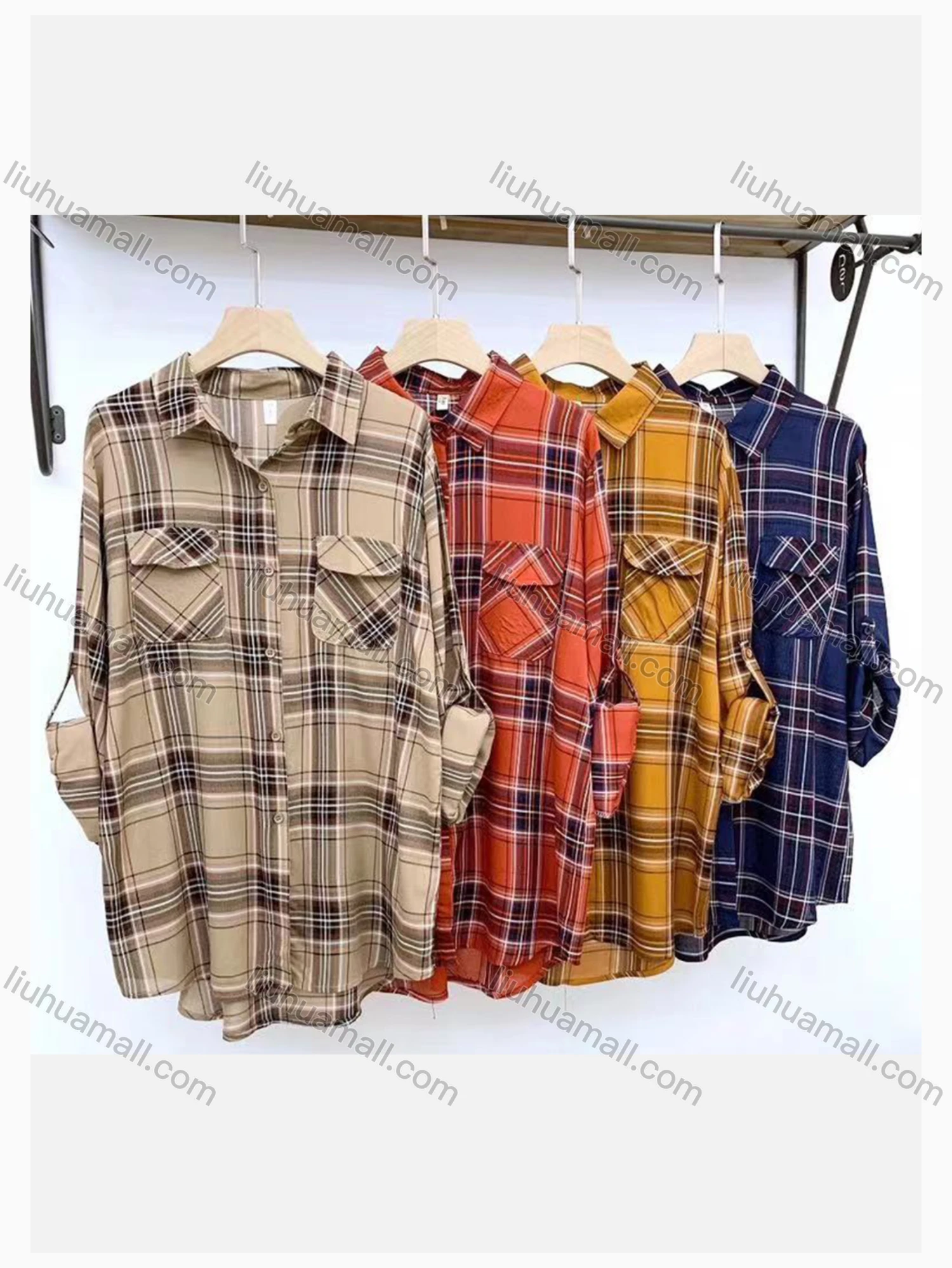 Wholesale Women's Collared Loose Fit Plaid Print Flap Pockets Long Sleeve Shirt 20121# - Liuhuamall