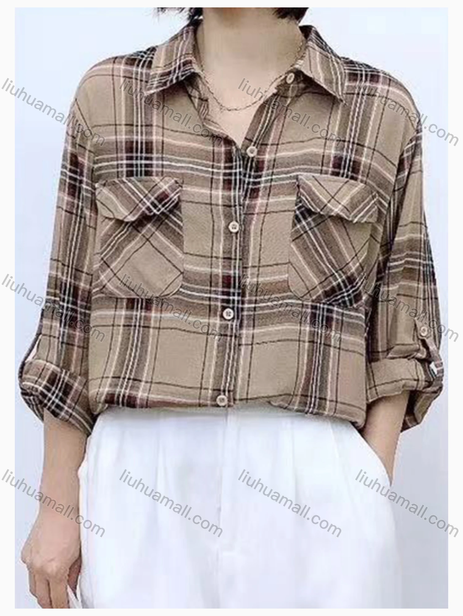 Wholesale Women's Collared Loose Fit Plaid Print Flap Pockets Long Sleeve Shirt 20121# - Liuhuamall