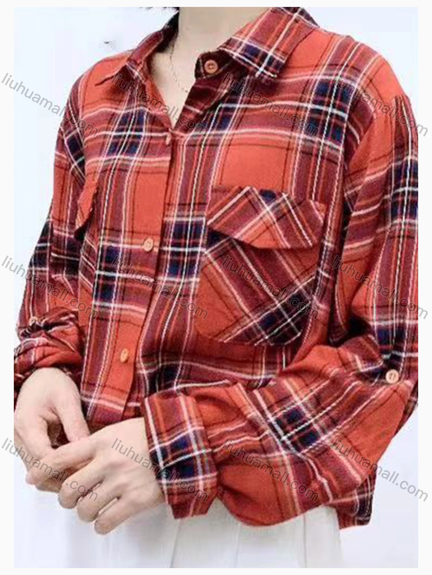 Wholesale Women's Collared Loose Fit Plaid Print Flap Pockets Long Sleeve Shirt 20121# - Liuhuamall