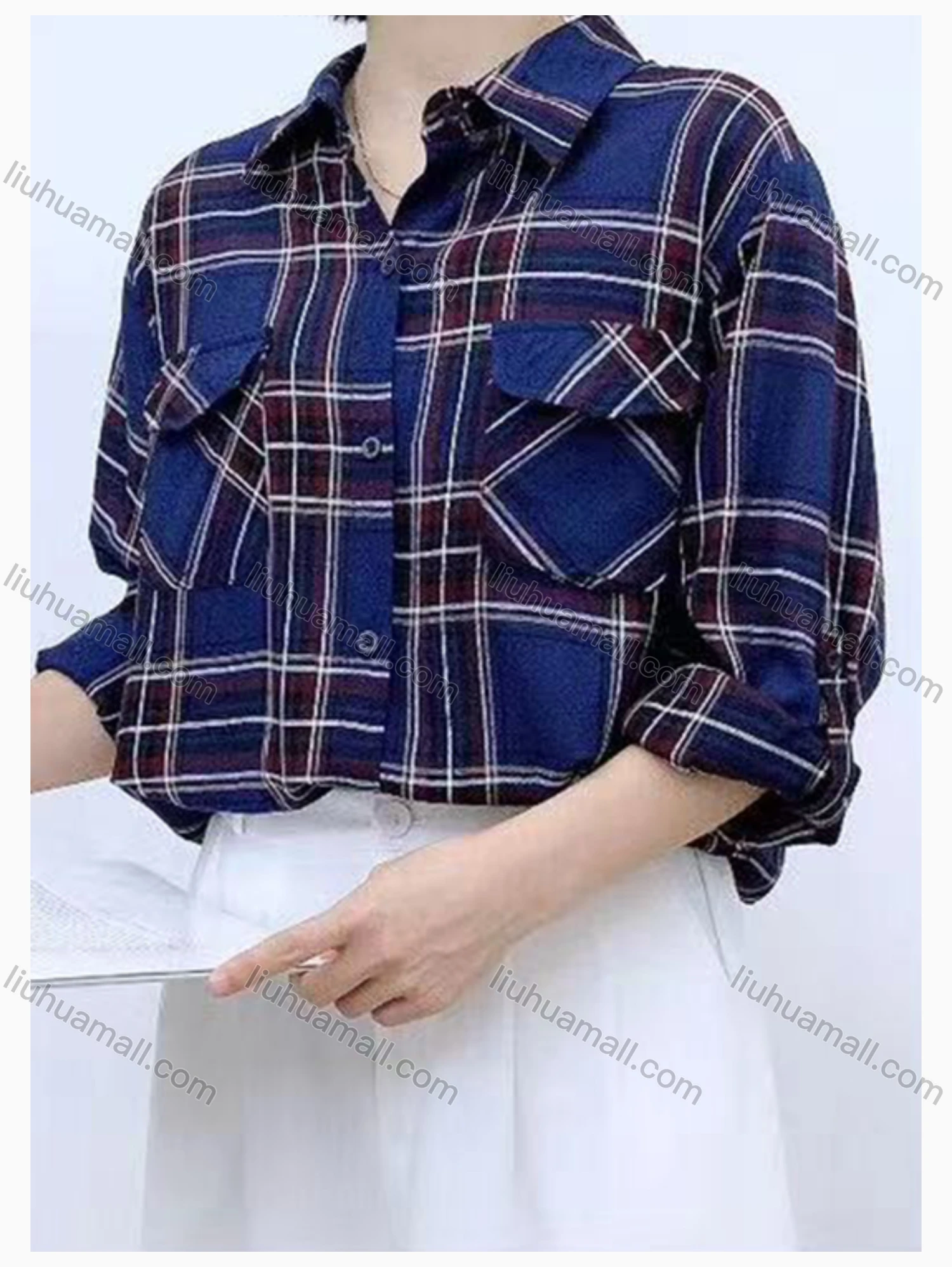 Wholesale Women's Collared Loose Fit Plaid Print Flap Pockets Long Sleeve Shirt 20121# - Liuhuamall