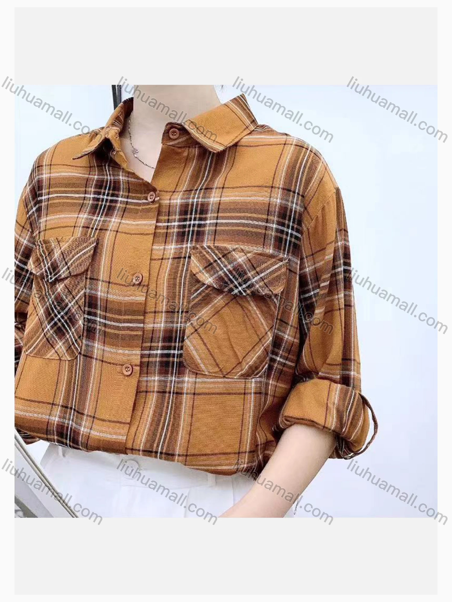 Wholesale Women's Collared Loose Fit Plaid Print Flap Pockets Long Sleeve Shirt 20121# - Liuhuamall