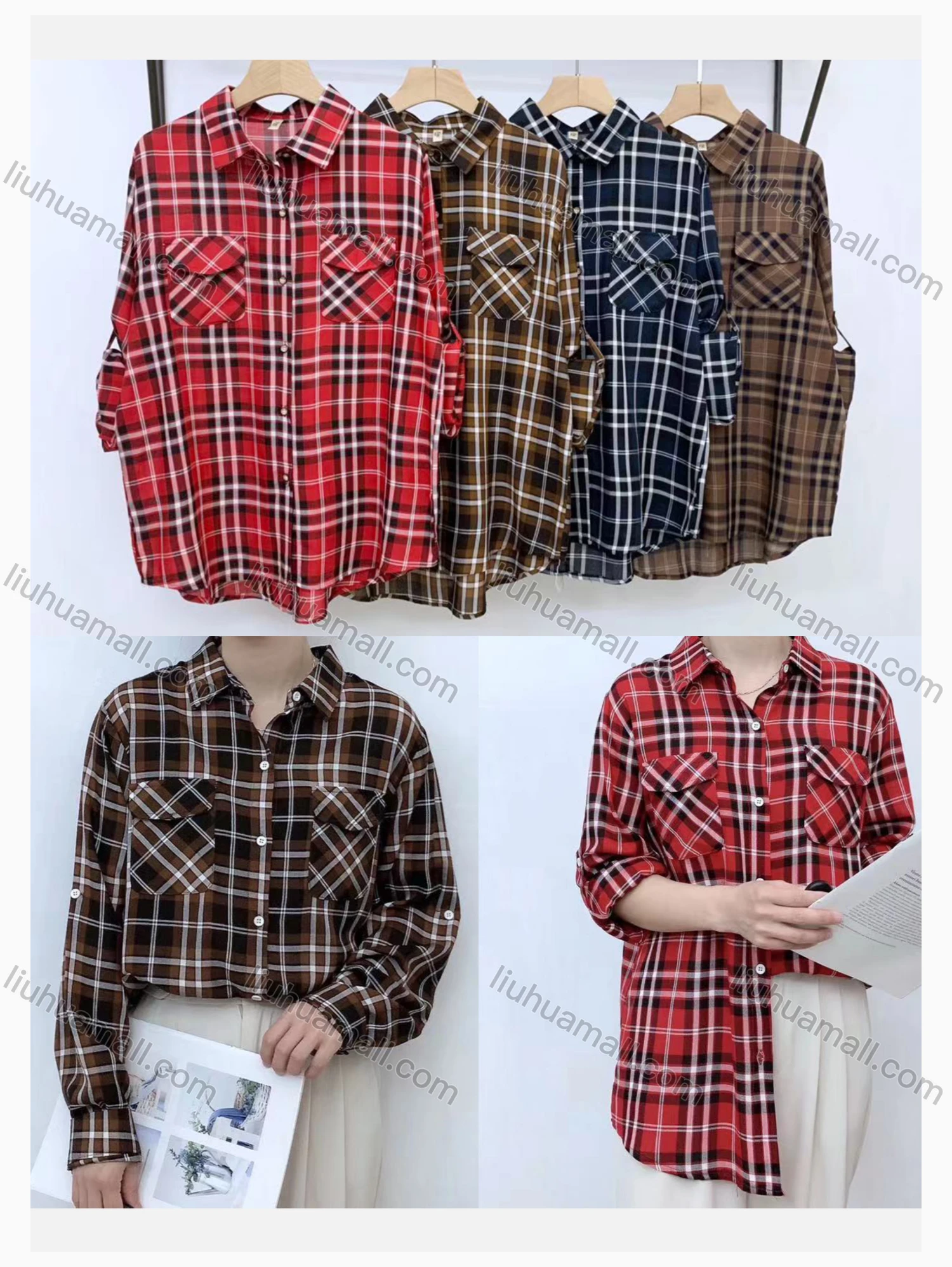 Wholesale Women's Collared Loose Fit Plaid Print Flap Pockets Long Sleeve Shirt 20126# - Liuhuamall