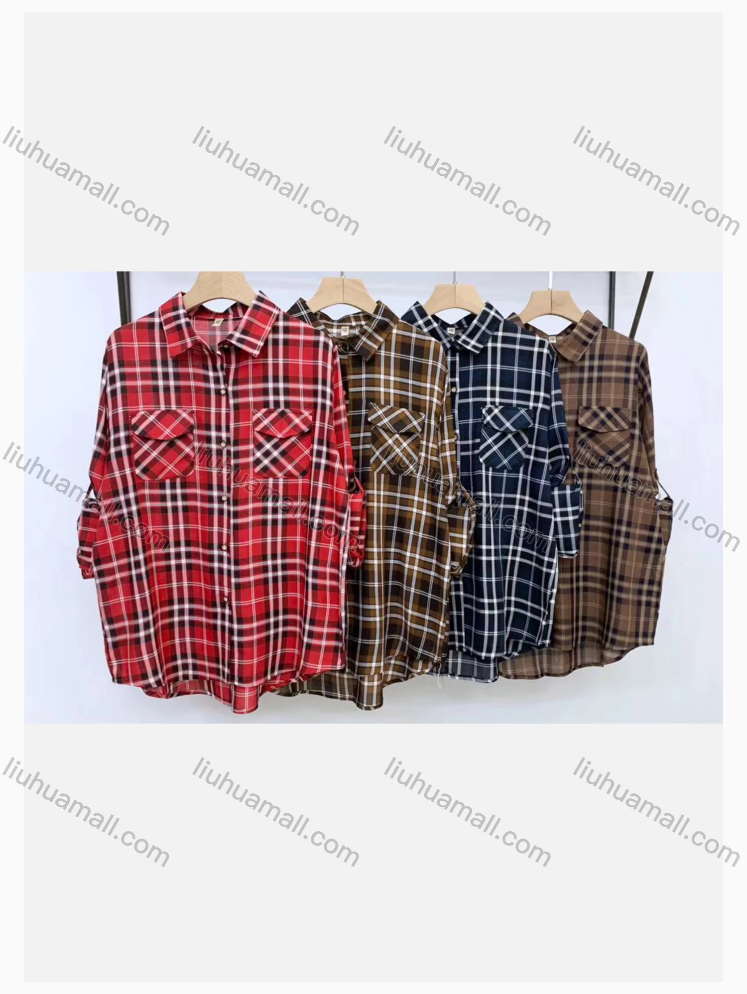 Wholesale Women's Collared Loose Fit Plaid Print Flap Pockets Long Sleeve Shirt 20126# - Liuhuamall