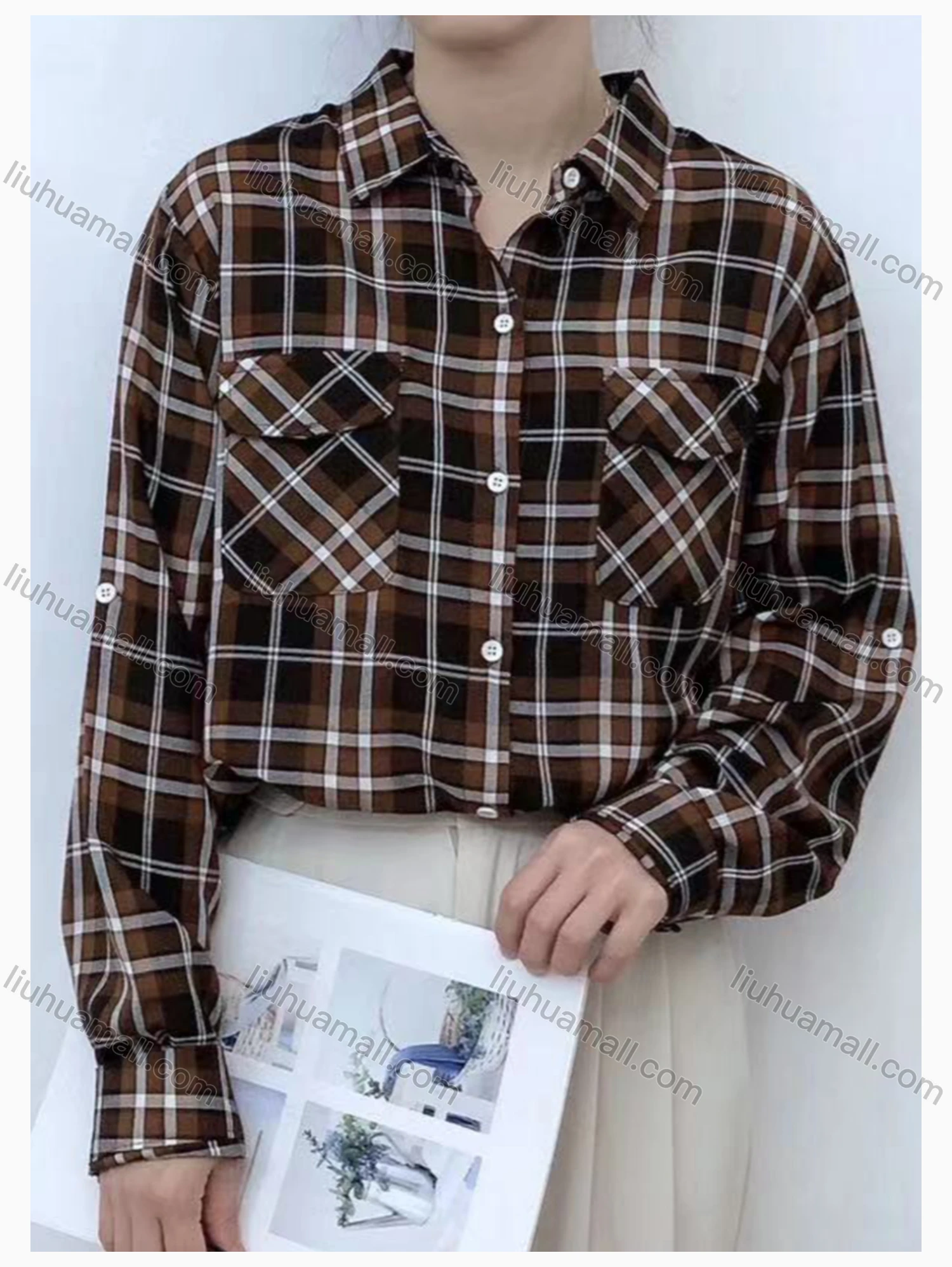 Wholesale Women's Collared Loose Fit Plaid Print Flap Pockets Long Sleeve Shirt 20126# - Liuhuamall