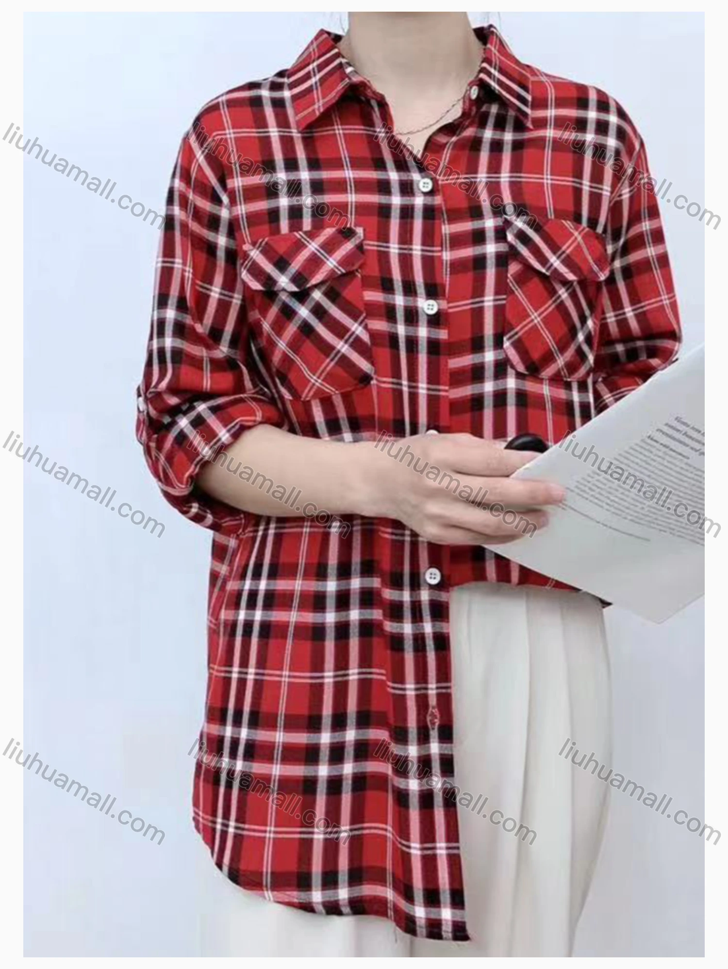 Wholesale Women's Collared Loose Fit Plaid Print Flap Pockets Long Sleeve Shirt 20126# - Liuhuamall