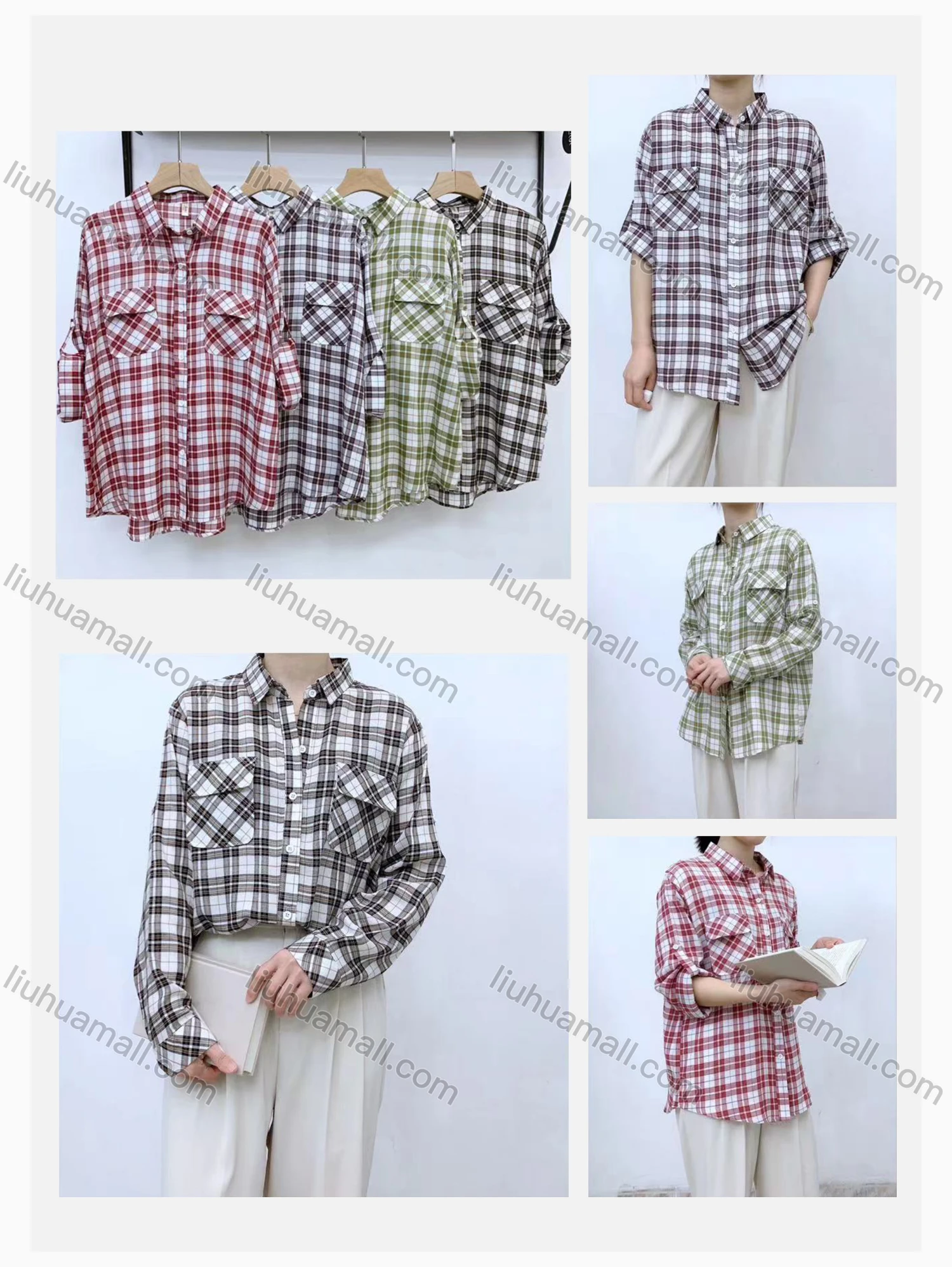 Wholesale Women's Collared Loose Fit Plaid Print Flap Pockets Long Sleeve Shirt 98921# - Liuhuamall