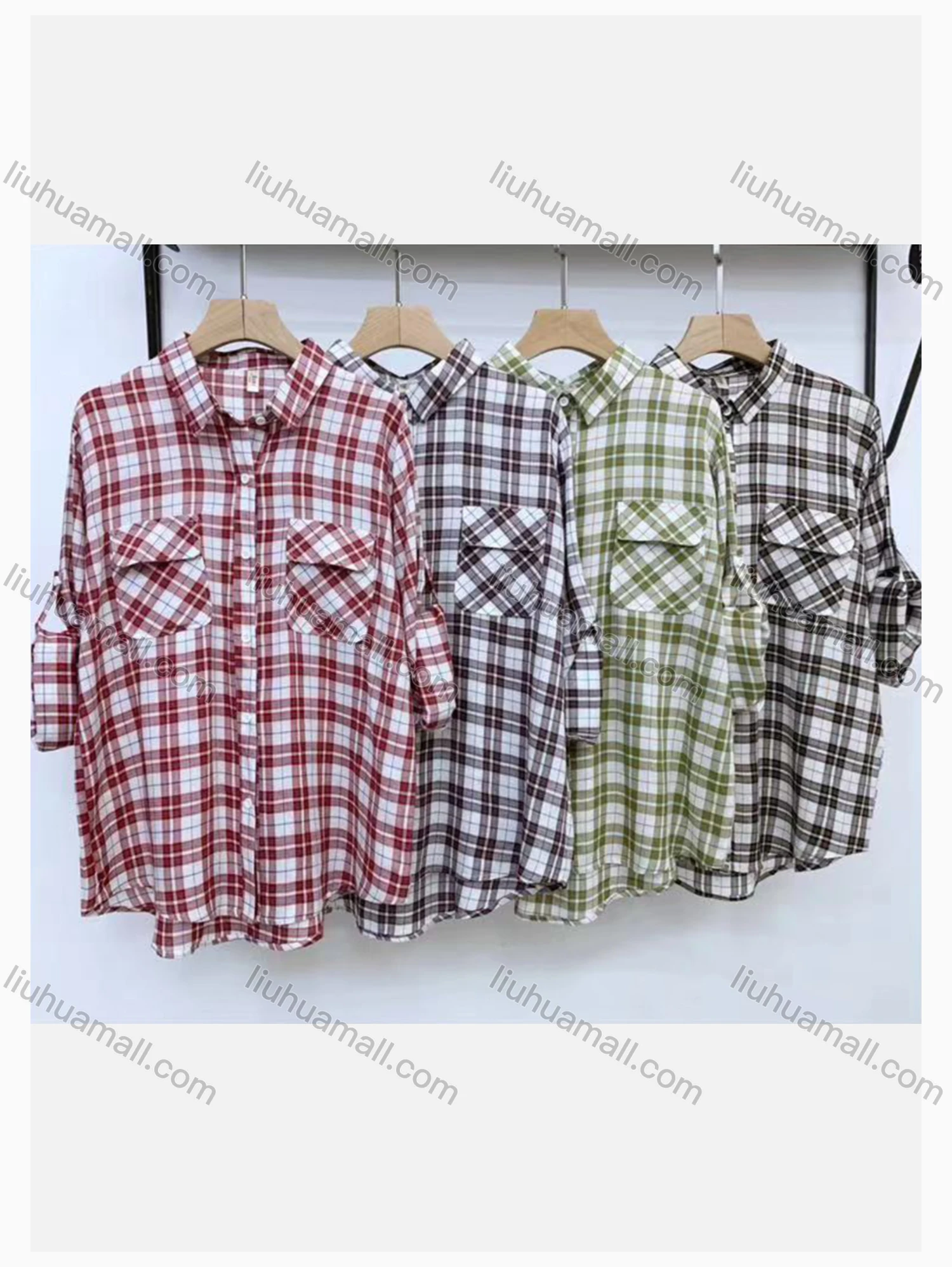 Wholesale Women's Collared Loose Fit Plaid Print Flap Pockets Long Sleeve Shirt 98921# - Liuhuamall