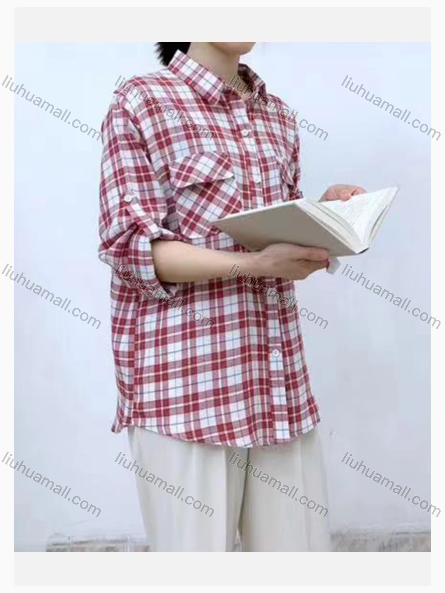 Wholesale Women's Collared Loose Fit Plaid Print Flap Pockets Long Sleeve Shirt 98921# - Liuhuamall