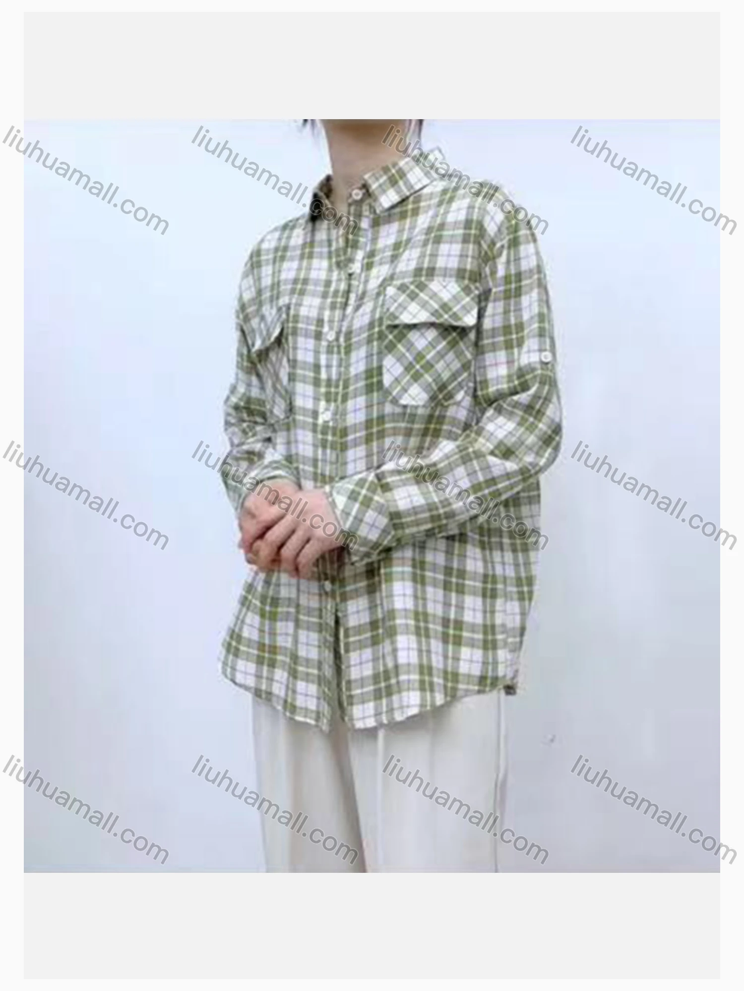 Wholesale Women's Collared Loose Fit Plaid Print Flap Pockets Long Sleeve Shirt 98921# - Liuhuamall