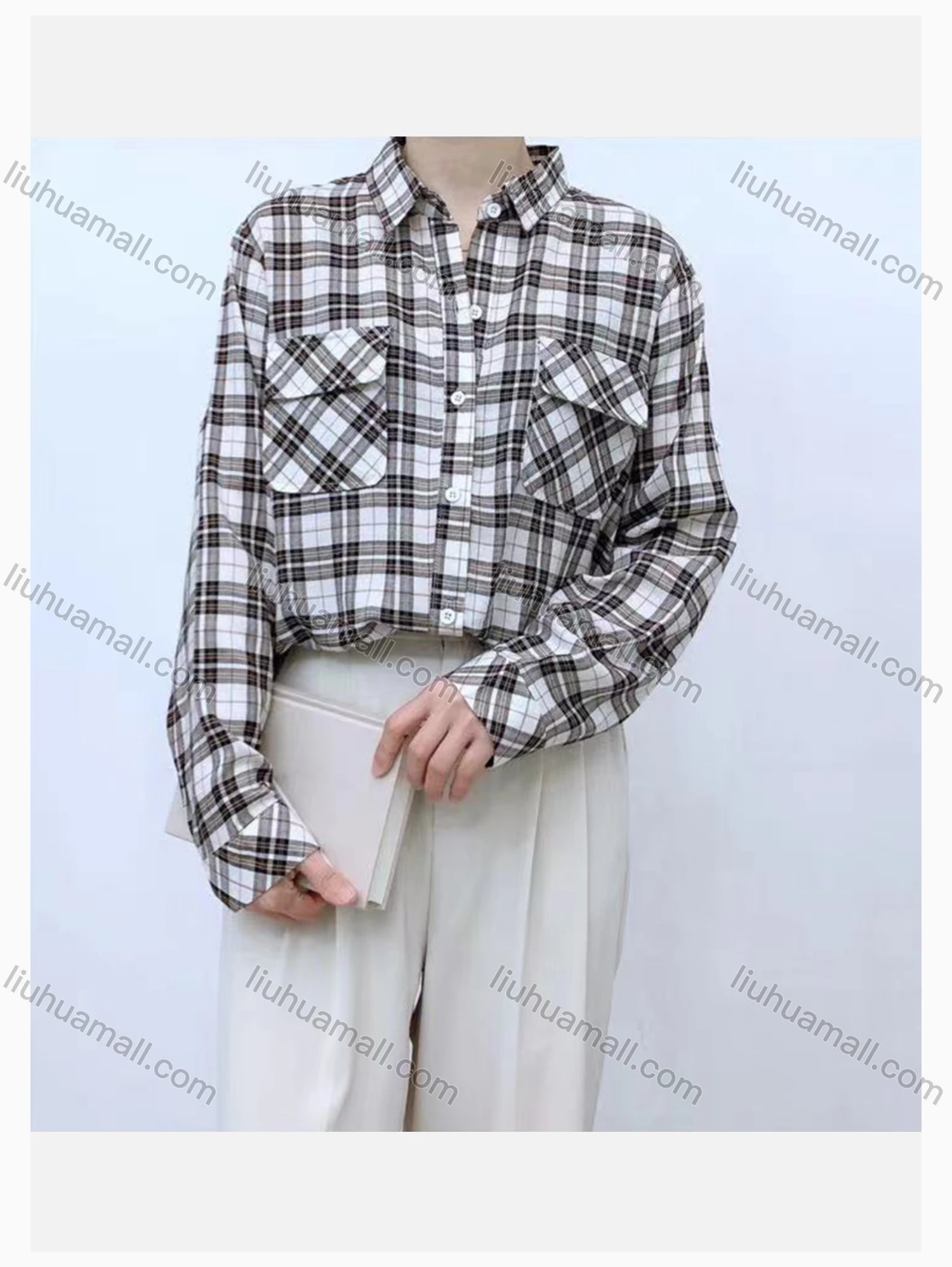 Wholesale Women's Collared Loose Fit Plaid Print Flap Pockets Long Sleeve Shirt 98921# - Liuhuamall